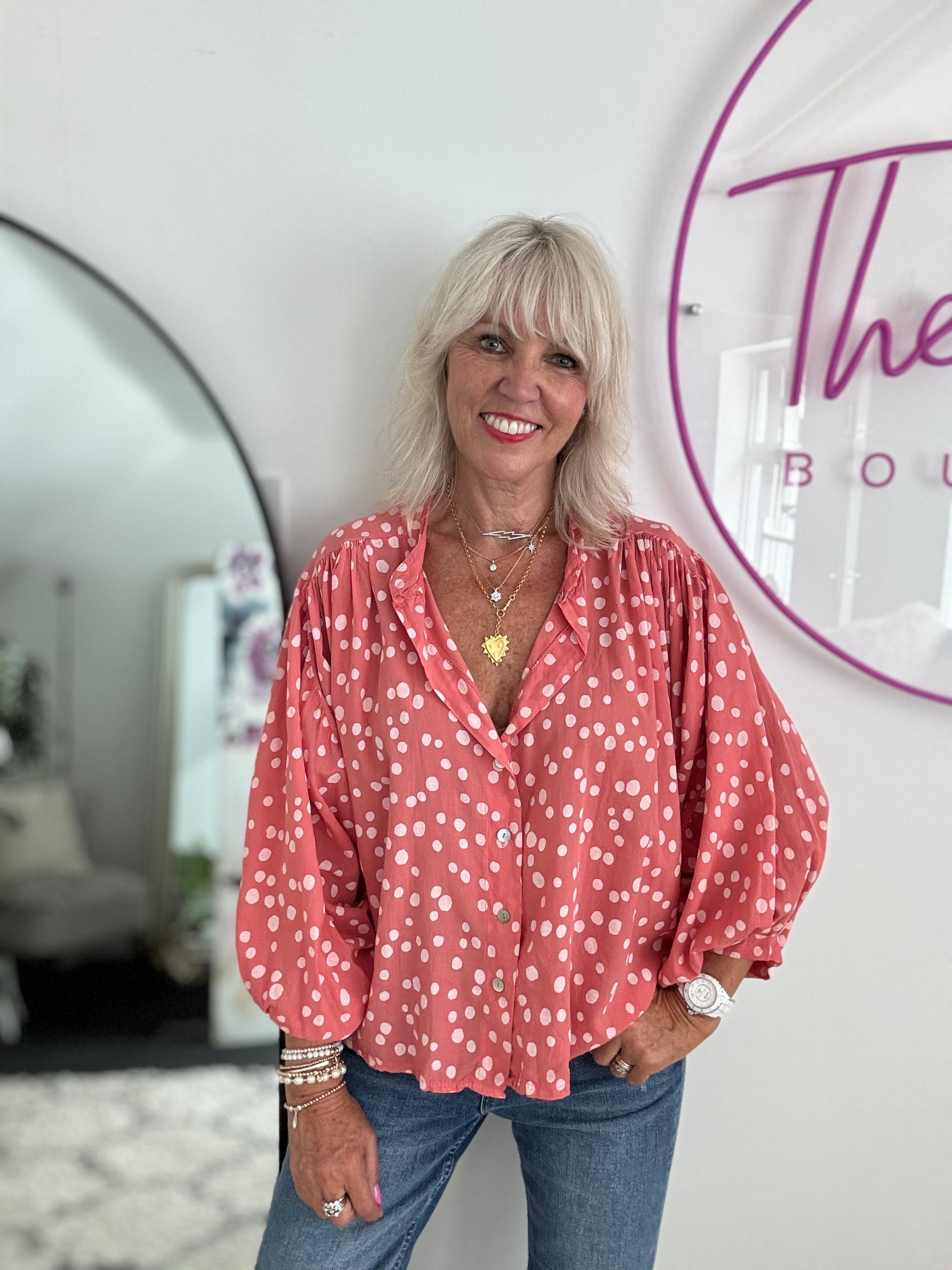 Cotton Batwing Blouse in Coral Spot