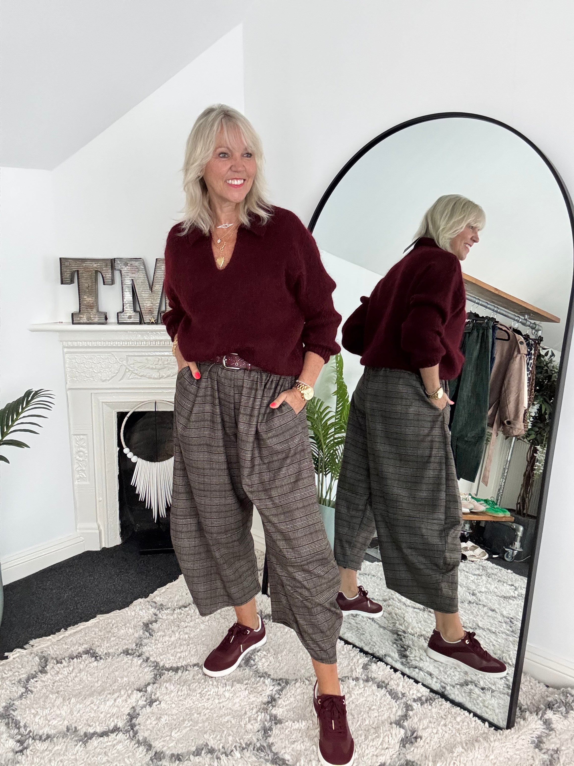 Wide Leg Check Trousers in Chocolate