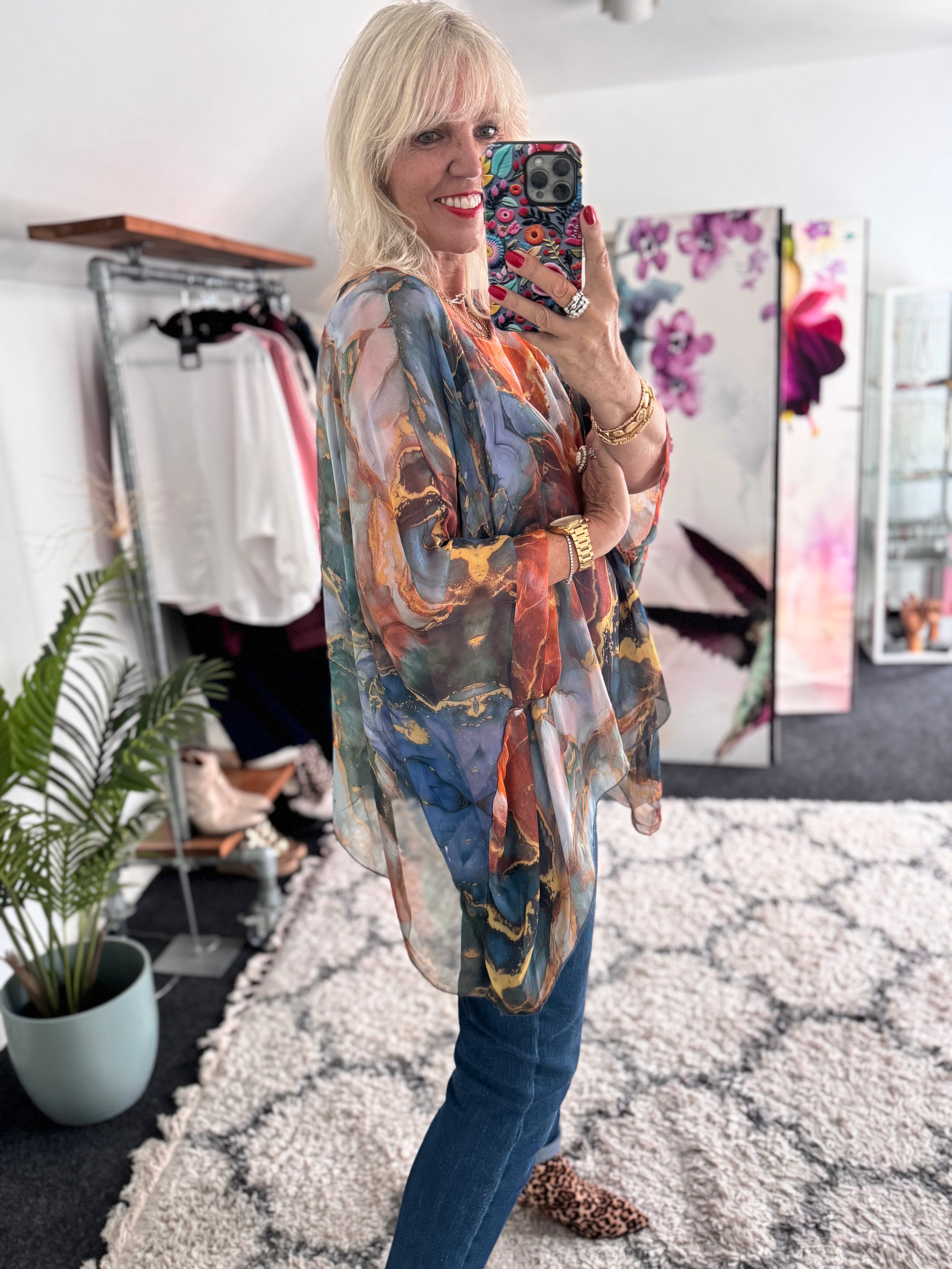 Silk Blouse in Dark Blue & Rust Marble