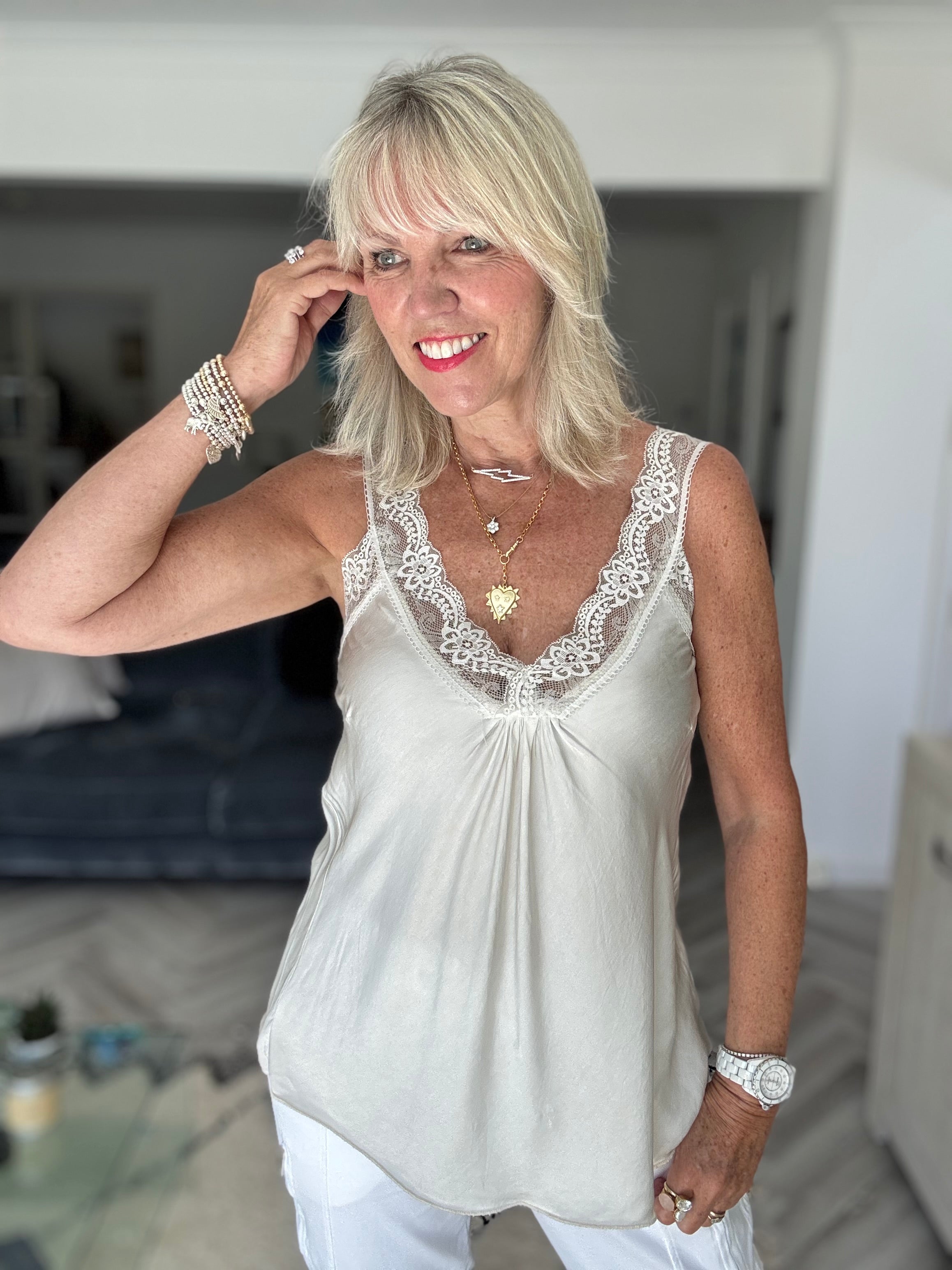Lace Trim Silk Cami in Silvery Ecru