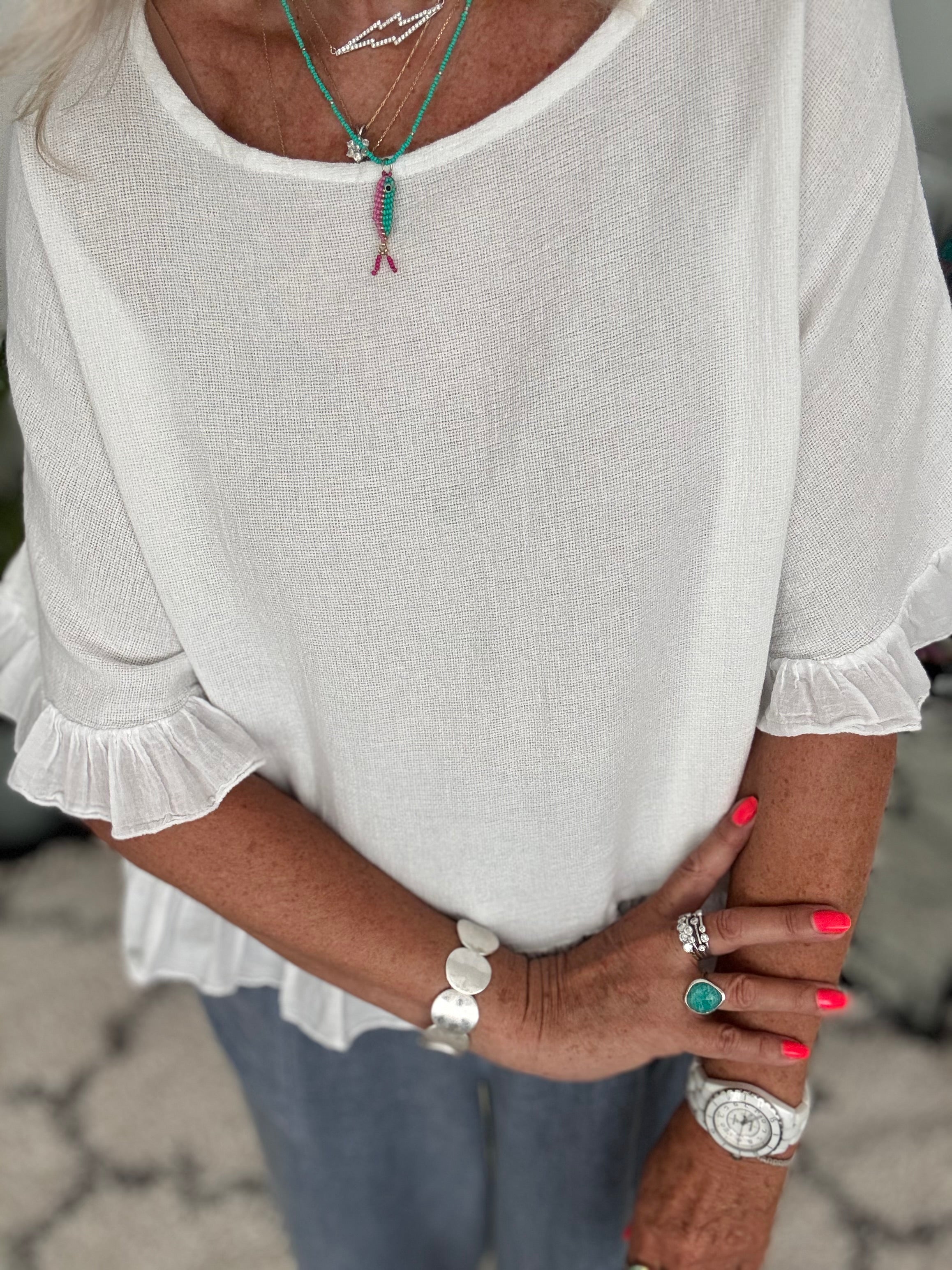 Linen & Cotton Ruffle Edge Top in White