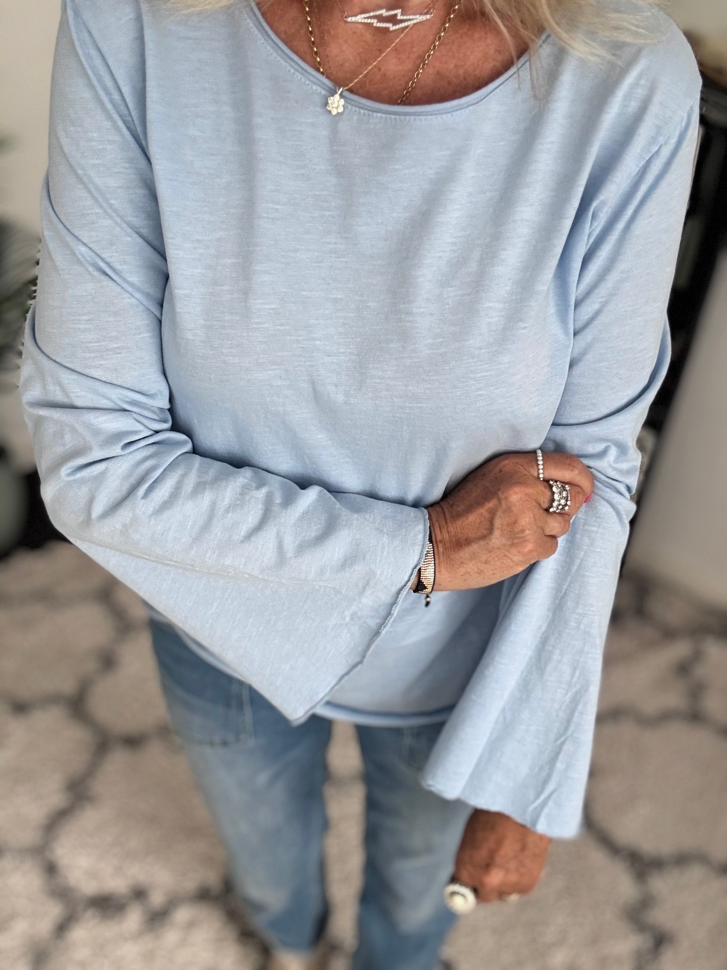 Long Sleeve Top with Flare Sleeves in Light Blue