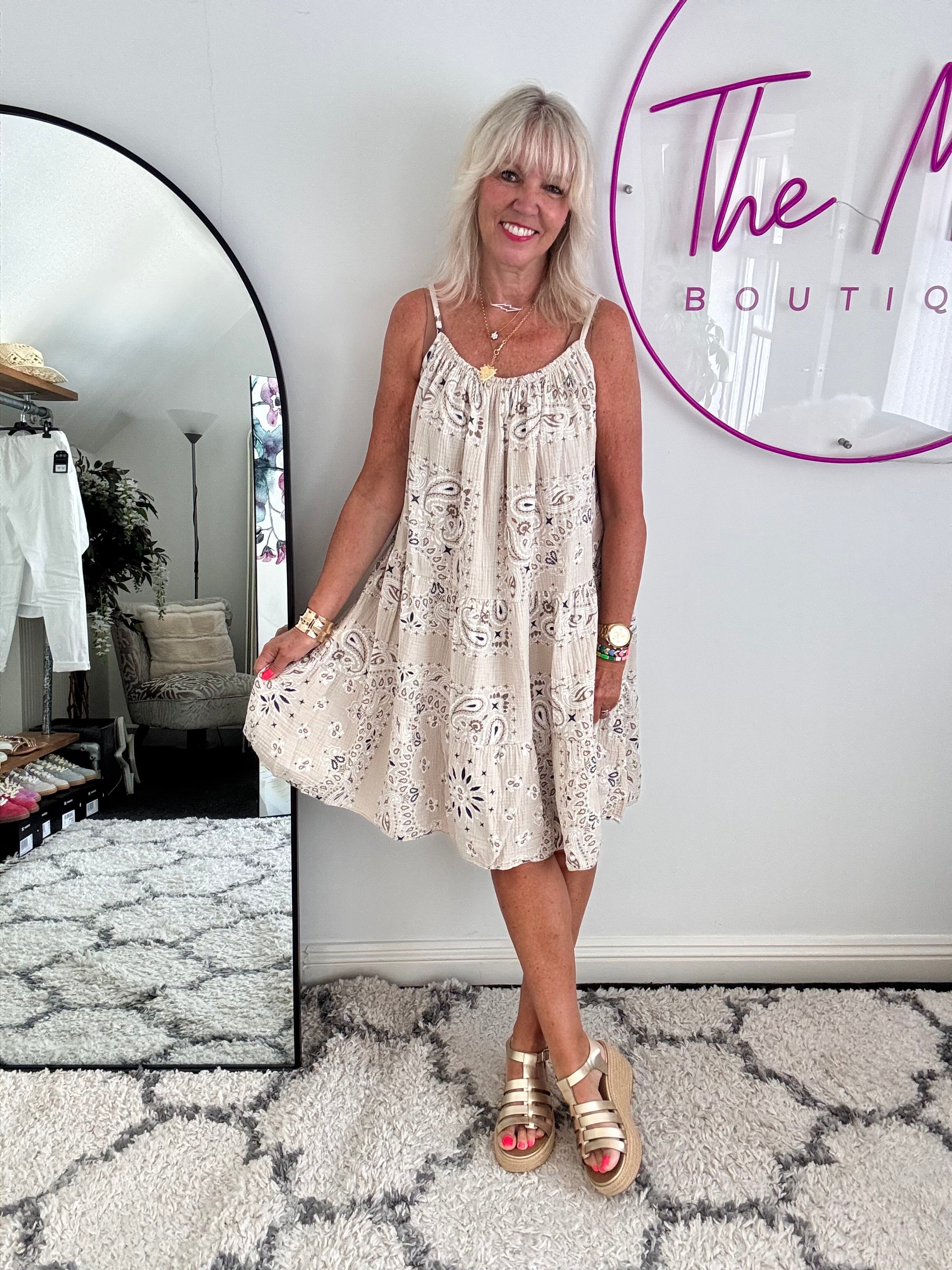 Paisley Cheesecloth Dress in Stone