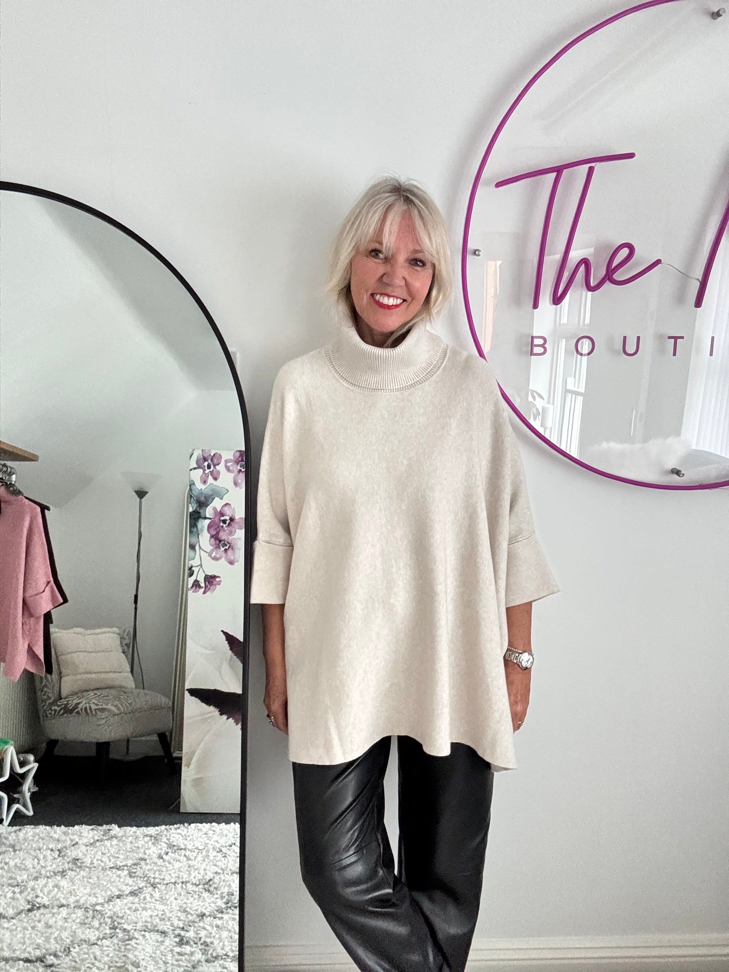 Oversized Roll Neck Poncho Jumper in Ecru