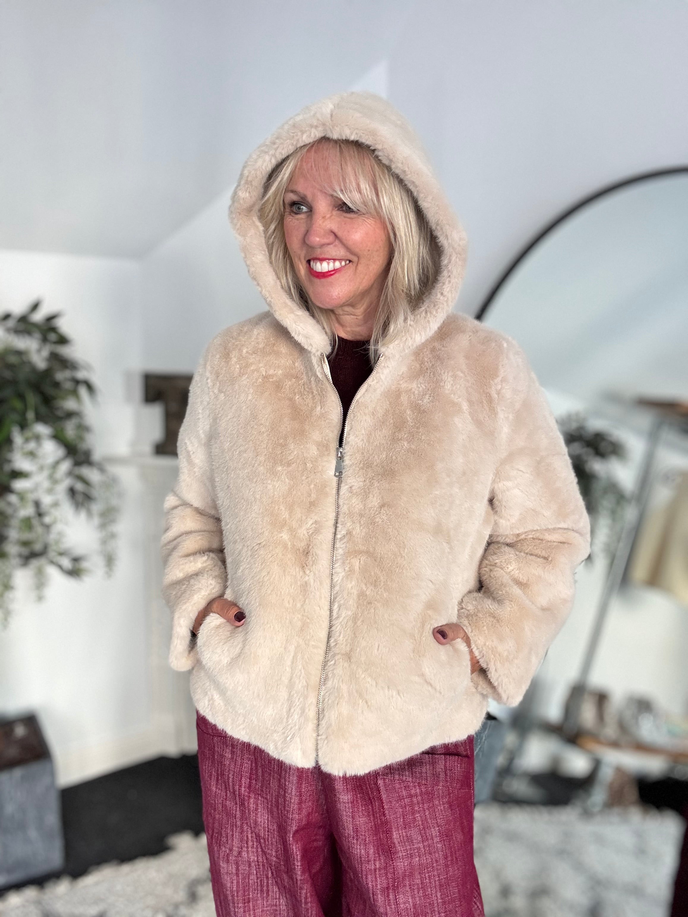 Hooded Fur Jacket in Ecru