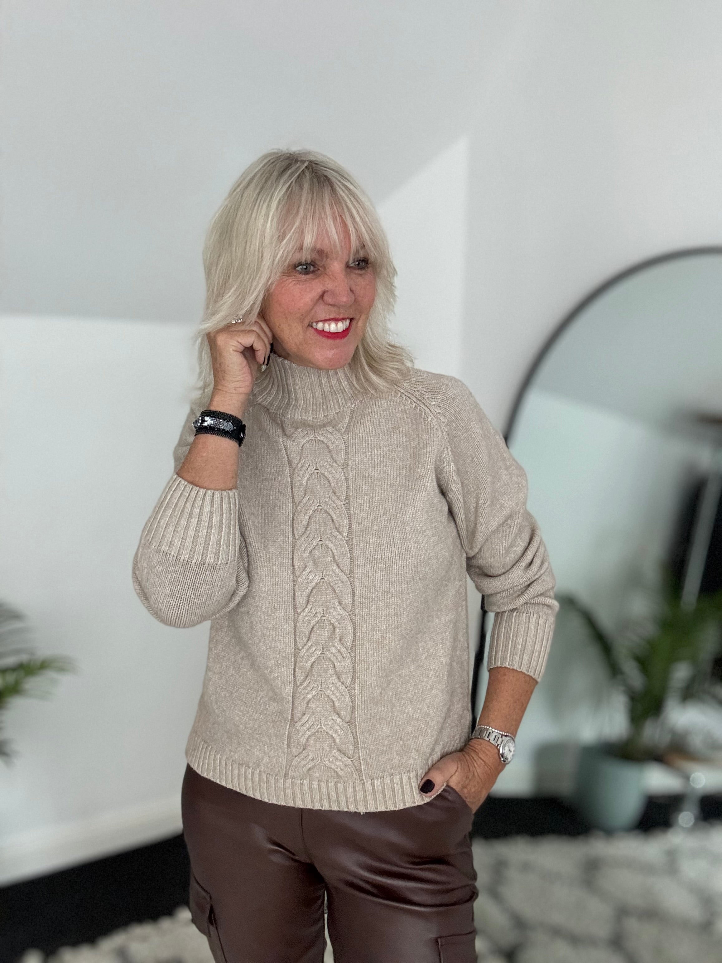 Funnel Neck Cable Jumper in Latte