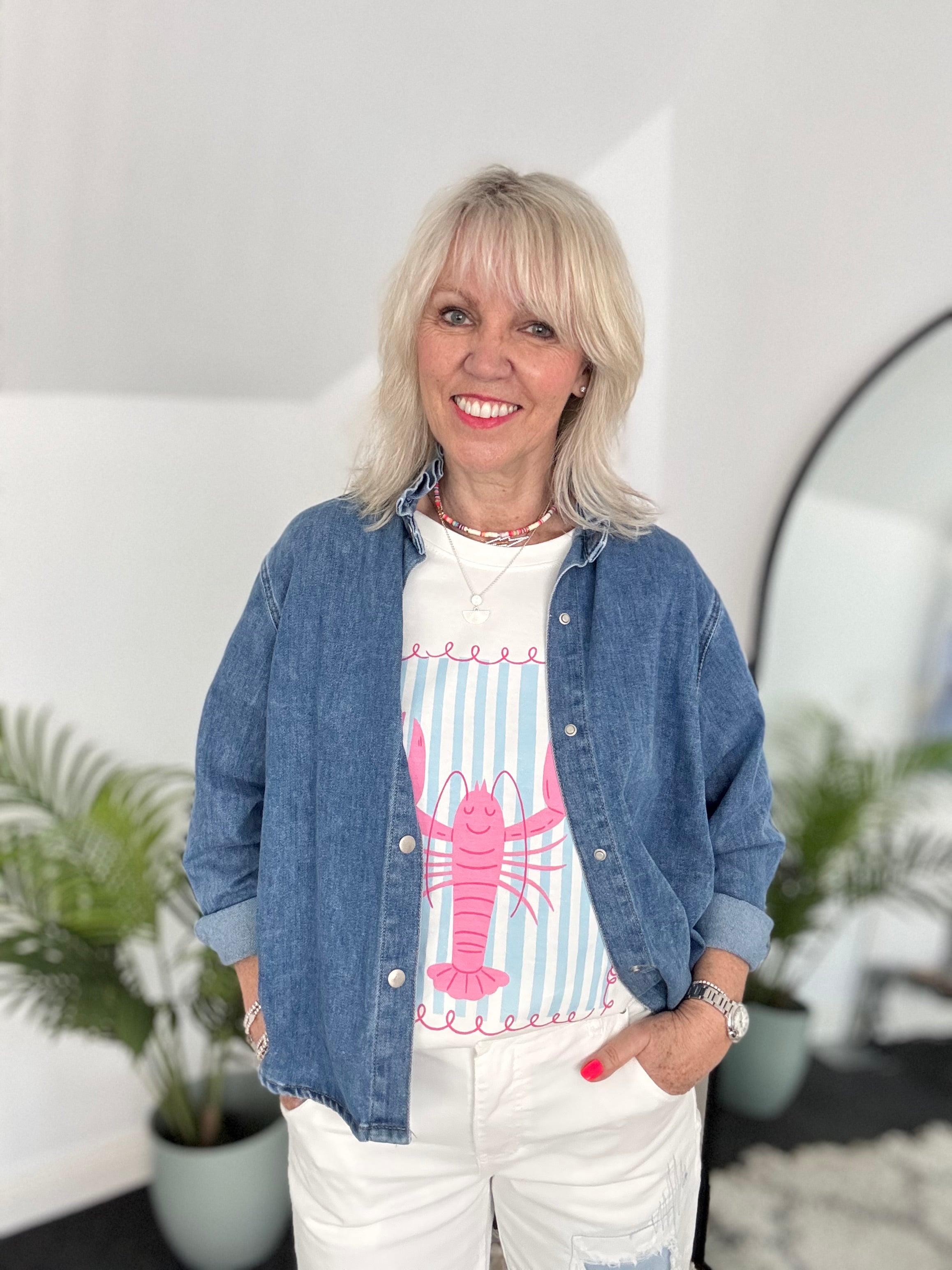 Soft Denim Shirt with Ruffle Collar
