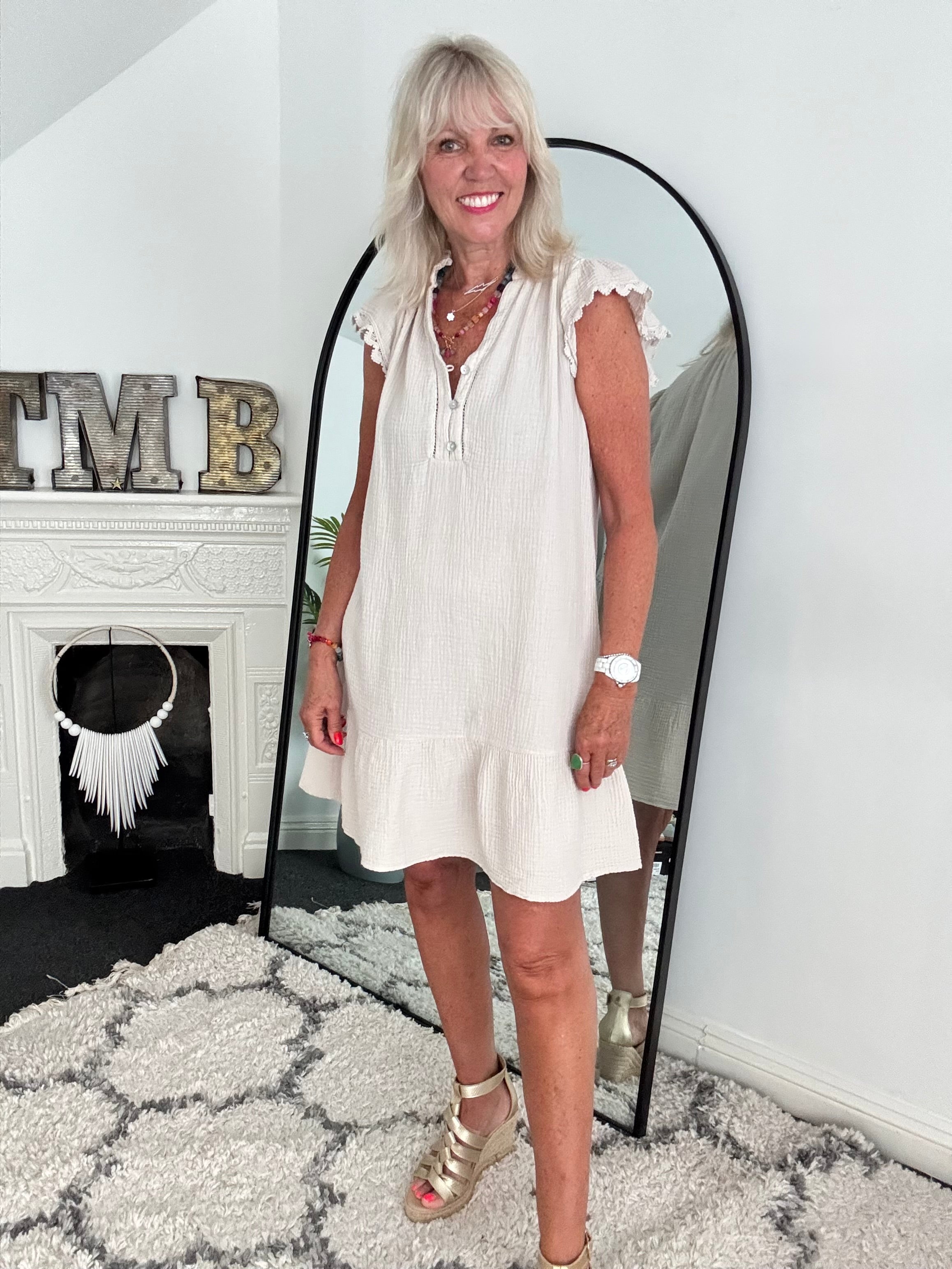 Cheesecloth Dress with Lace Edge Sleeves in Stone