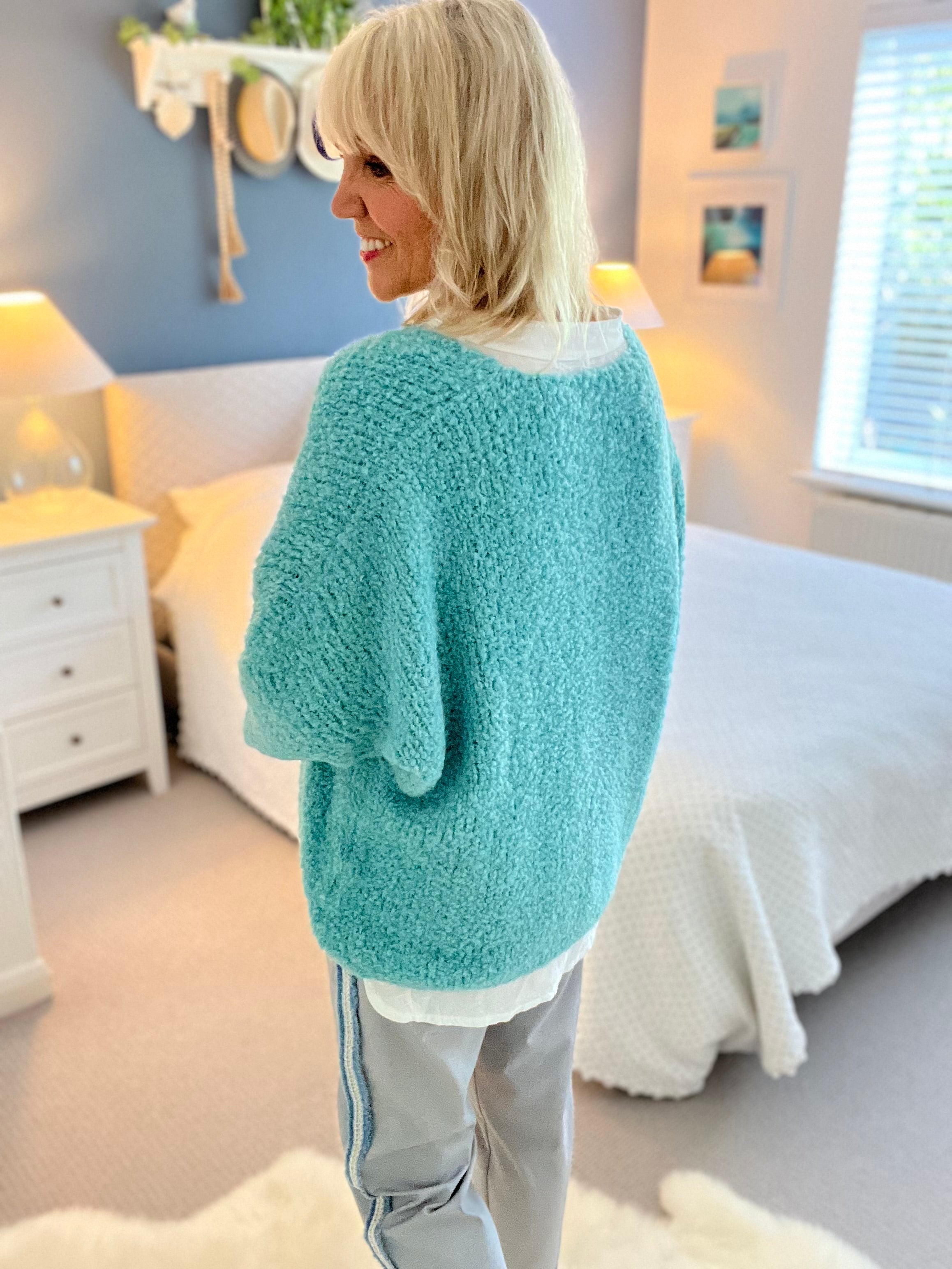 Cropped Sleeve Boucle Knit in Aqua Green