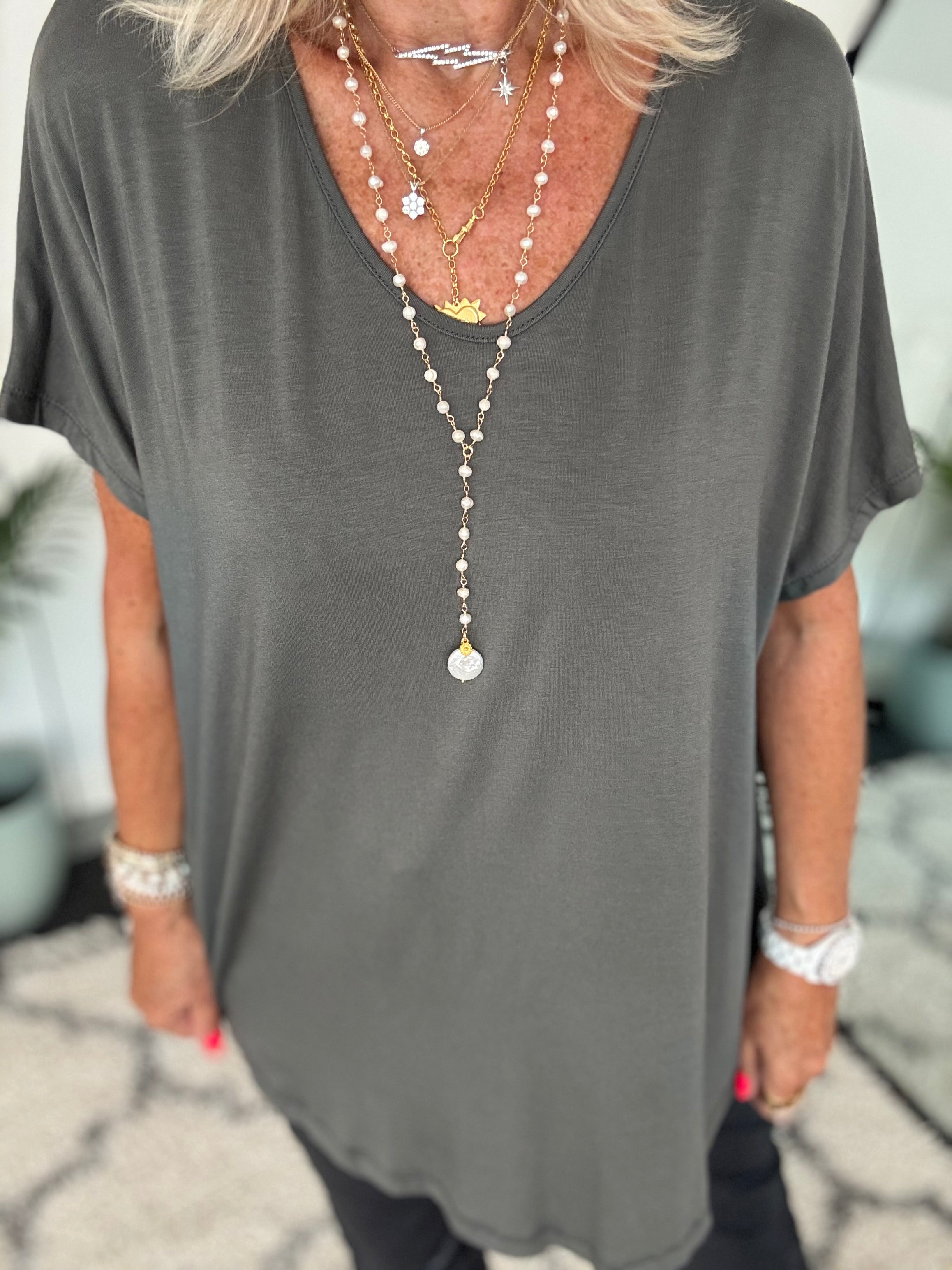 Oversized V Neck Tee in Khaki Grey