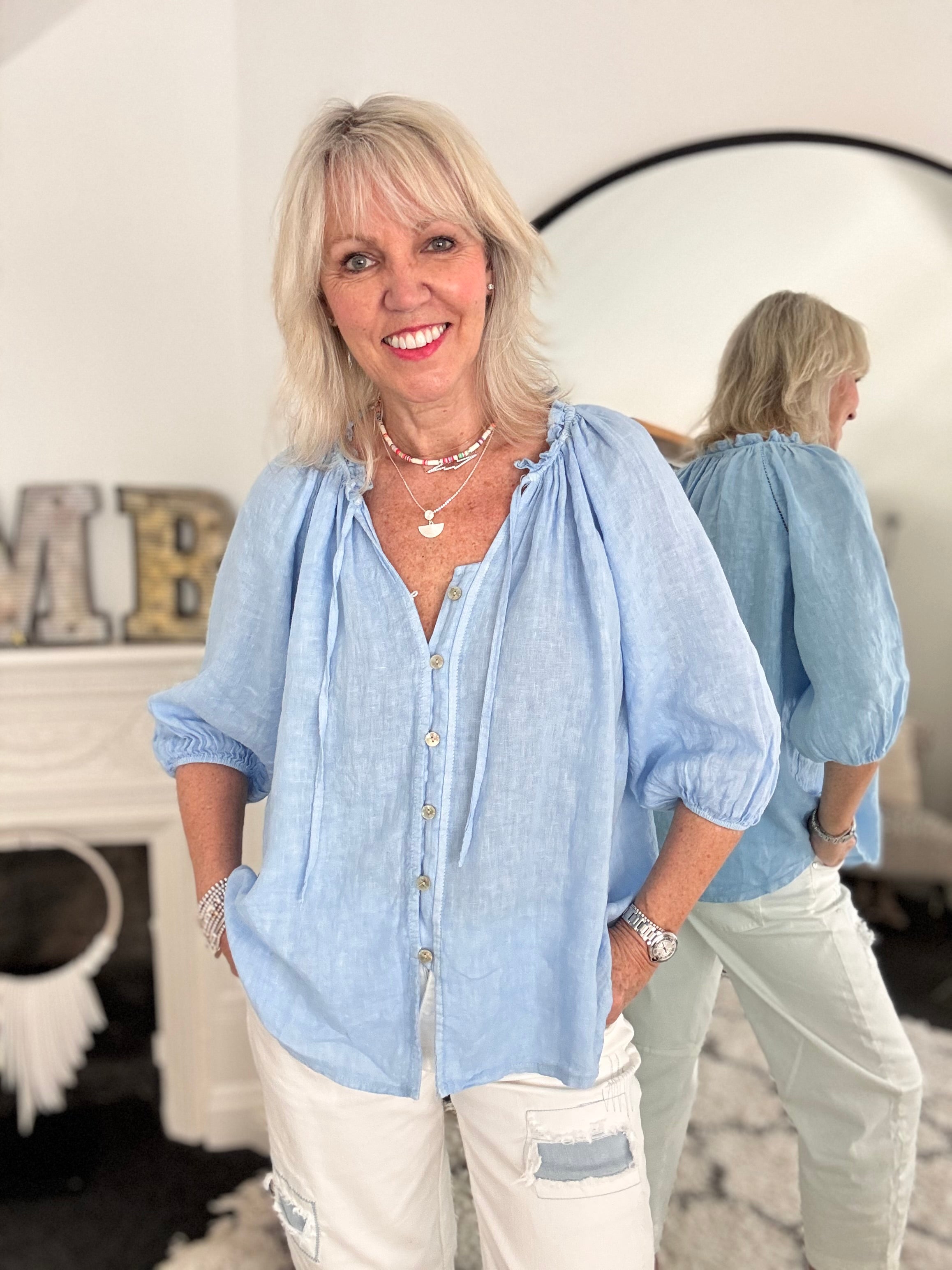 Pure Linen Designer Blouse in Sky Blue