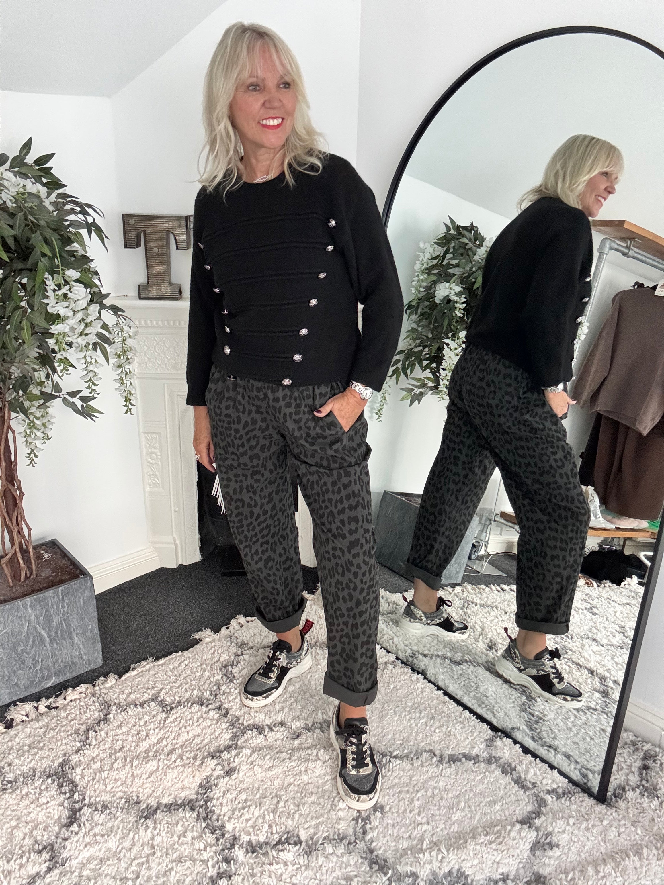 Animal Print Trousers in Charcoal Leopard