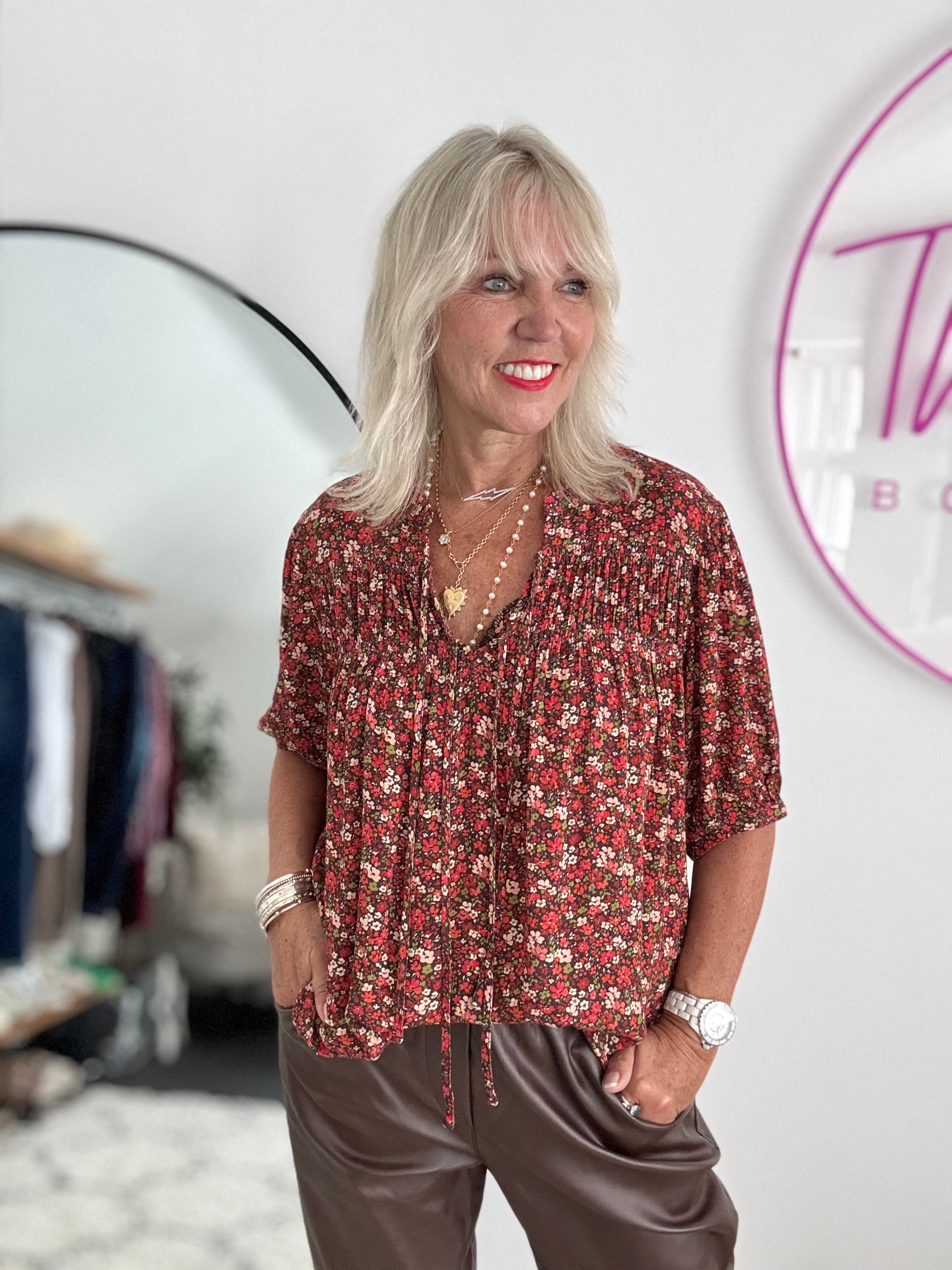 Ditsy Blouse in Red & Chocolate