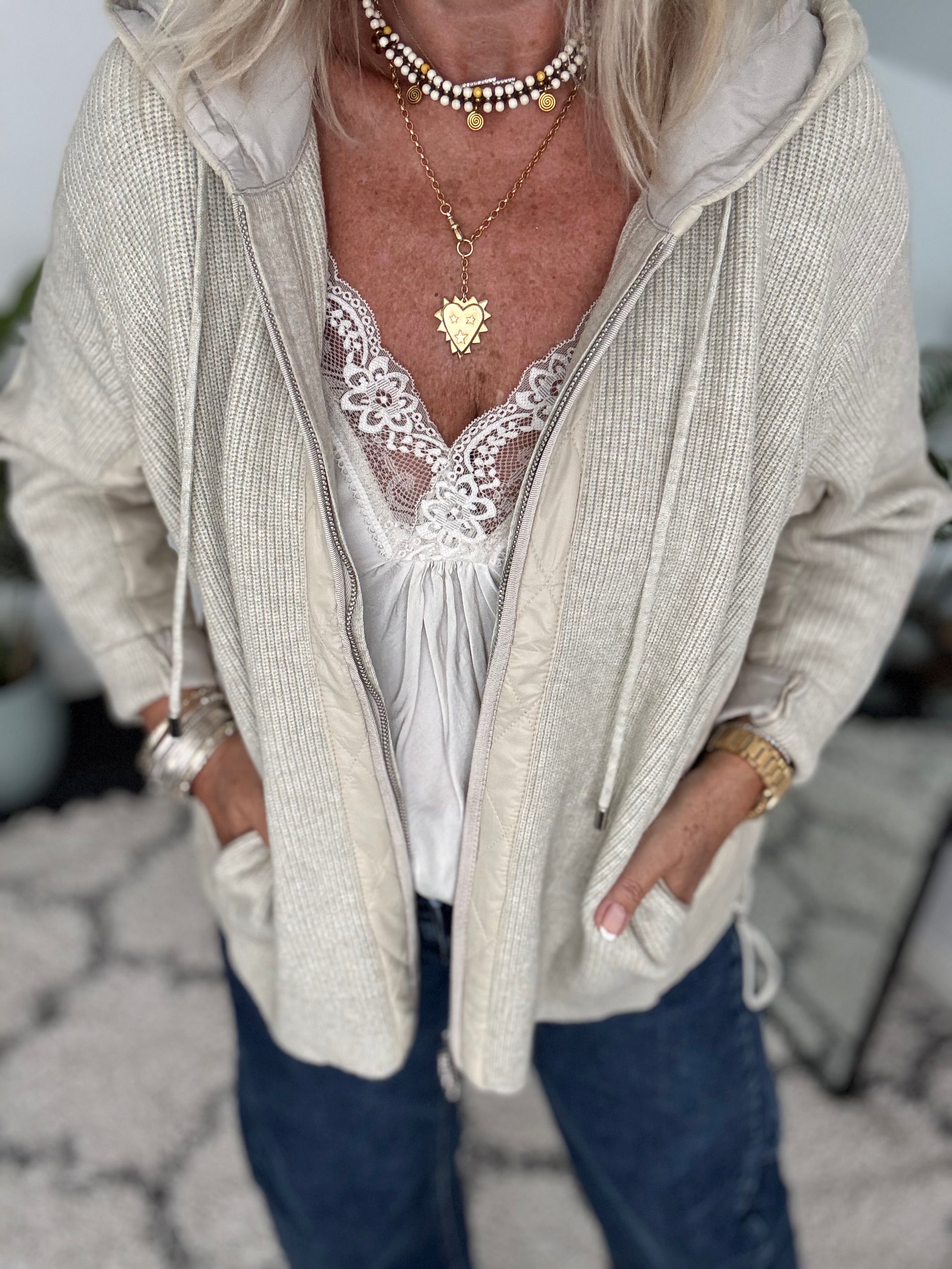 Hooded Knit Jacket in Ecru