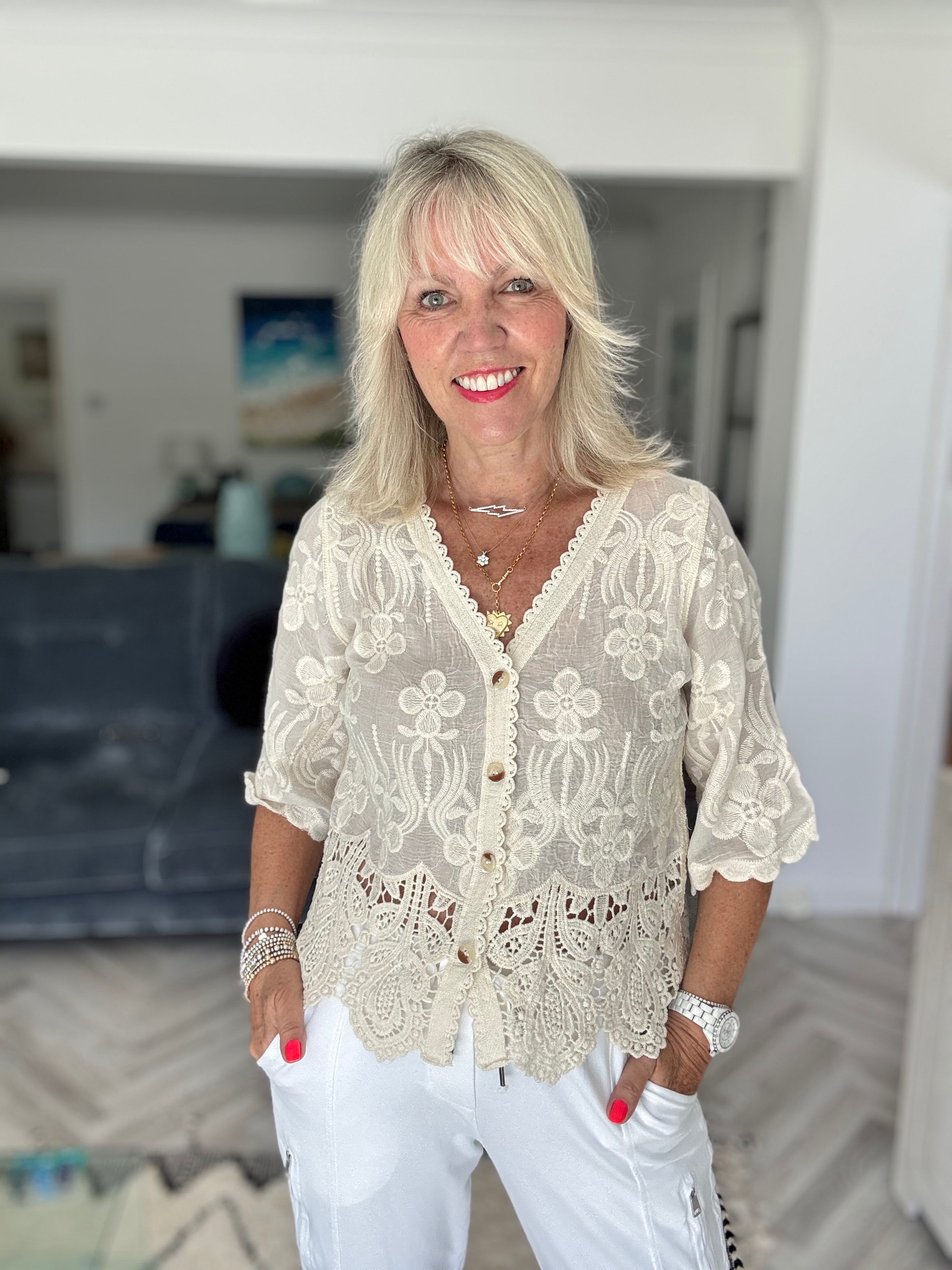 Embroidered Lace Top in Ecru