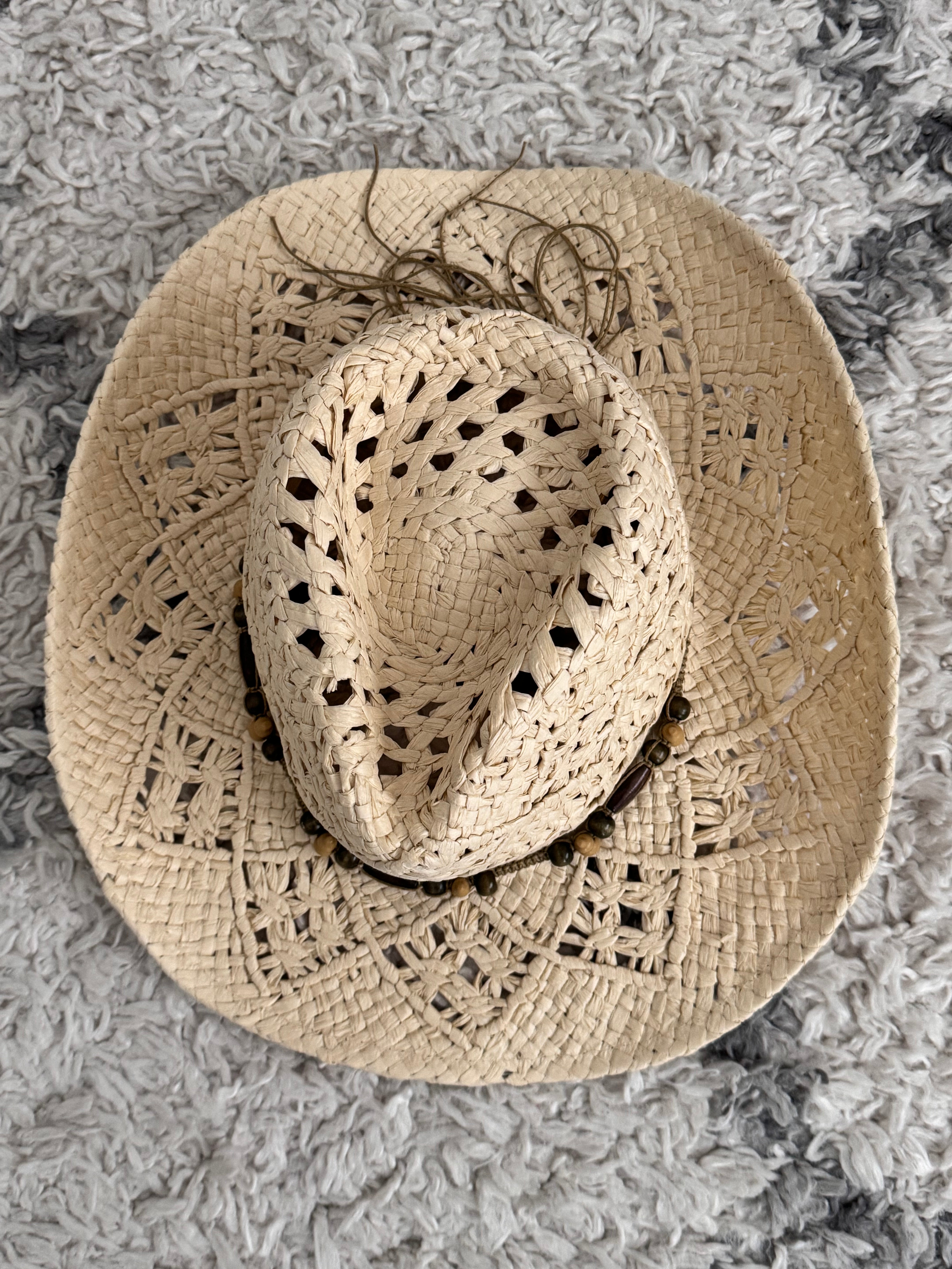 Straw Hat with Wooden Bead Tie