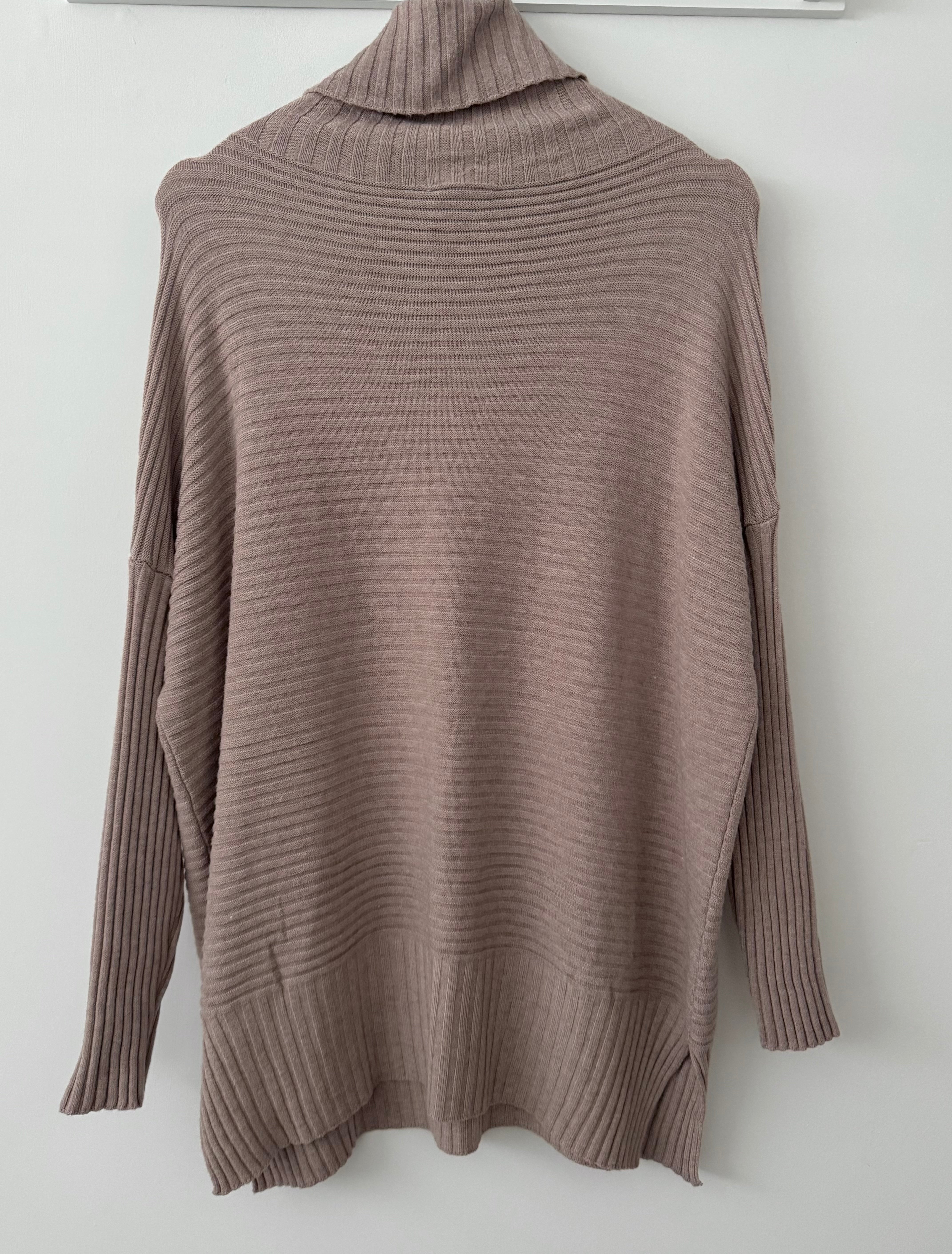 Ribbed Roll Neck Poncho Jumper in Mocha