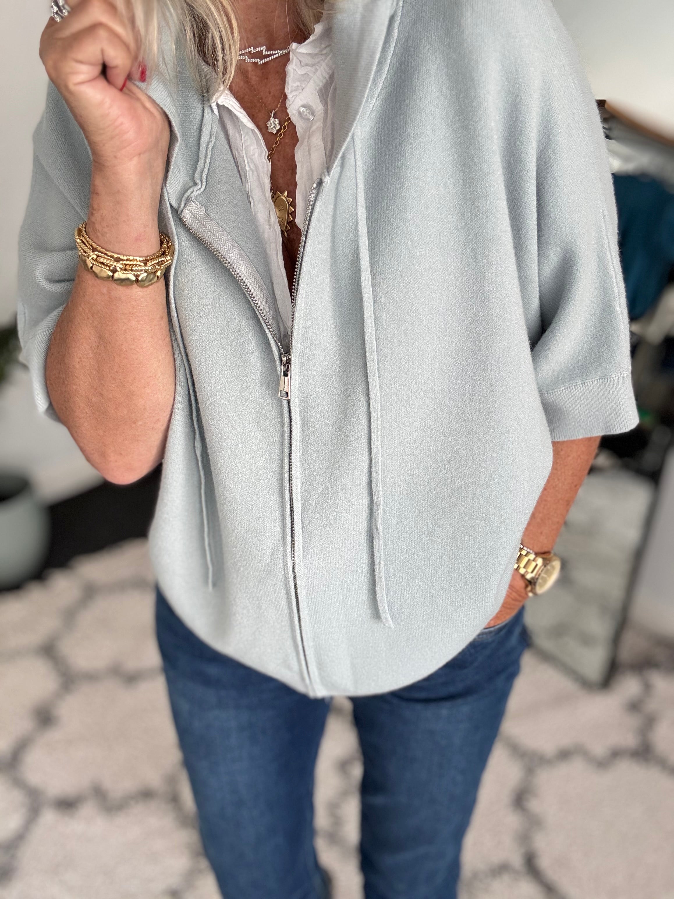 Soft Hooded Zipped Knit in Wedgewood