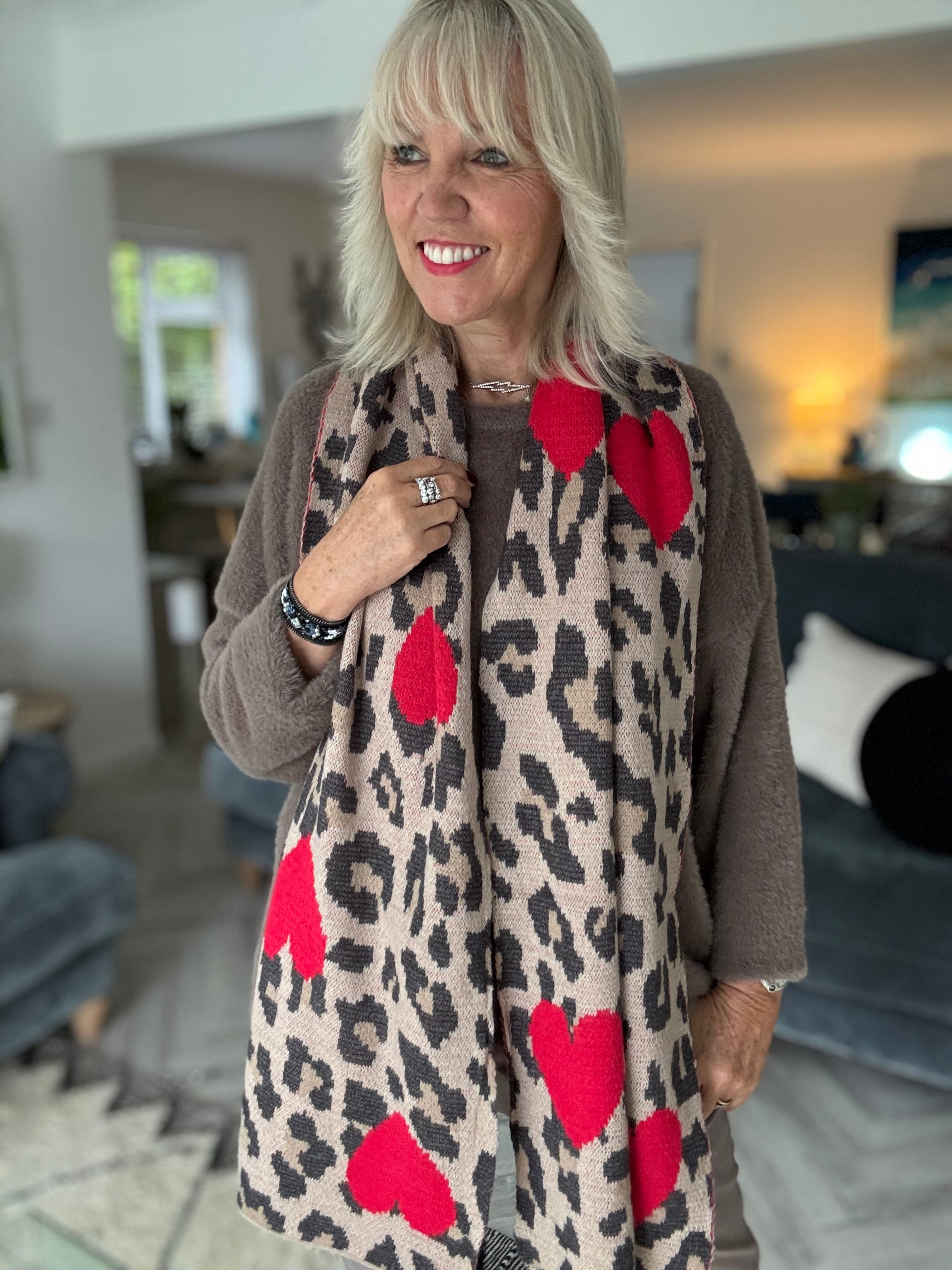 Leopard Knitted Scarf with Hearts