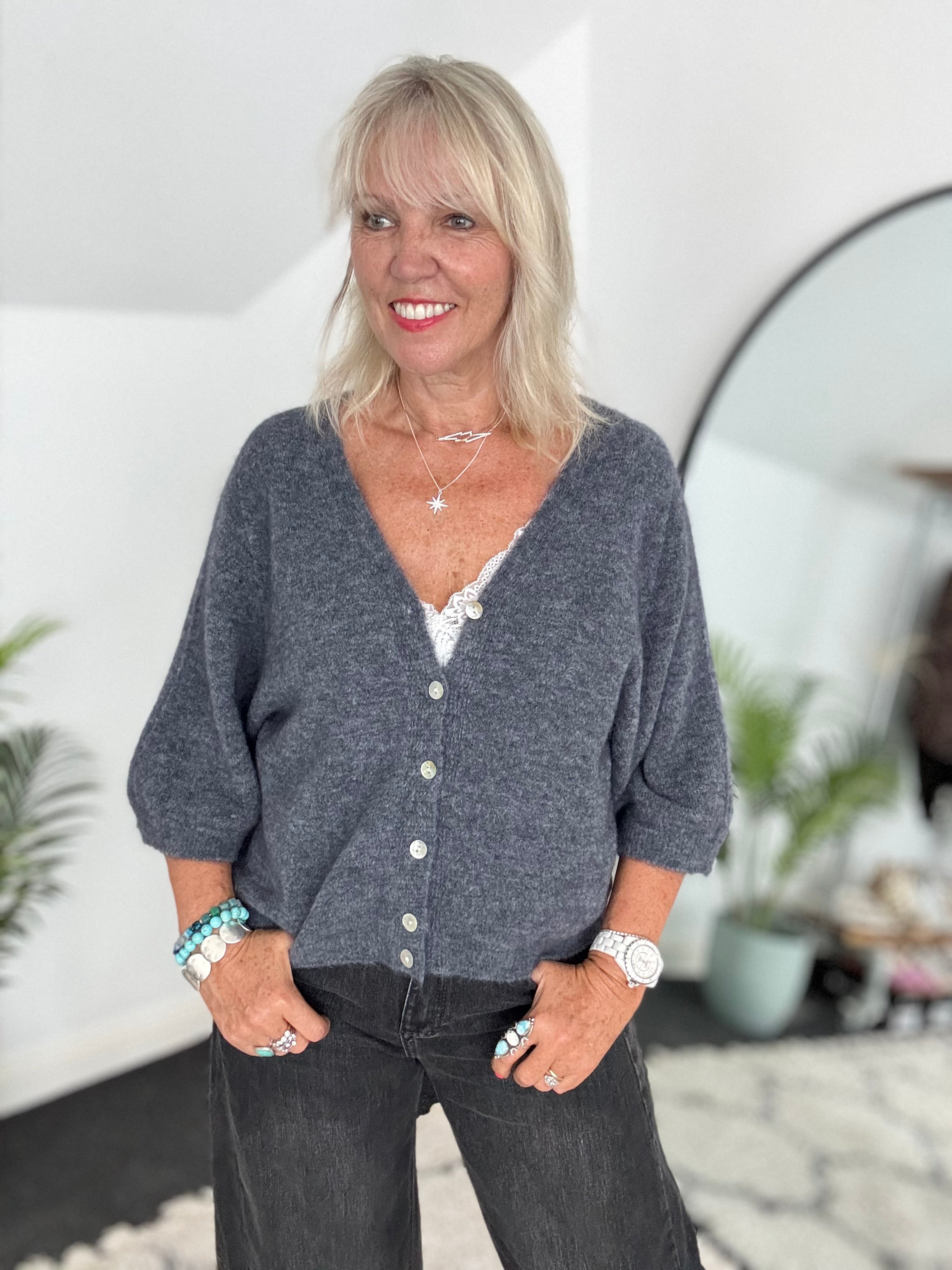 Alpaca Short Sleeve Cardi in Charcoal