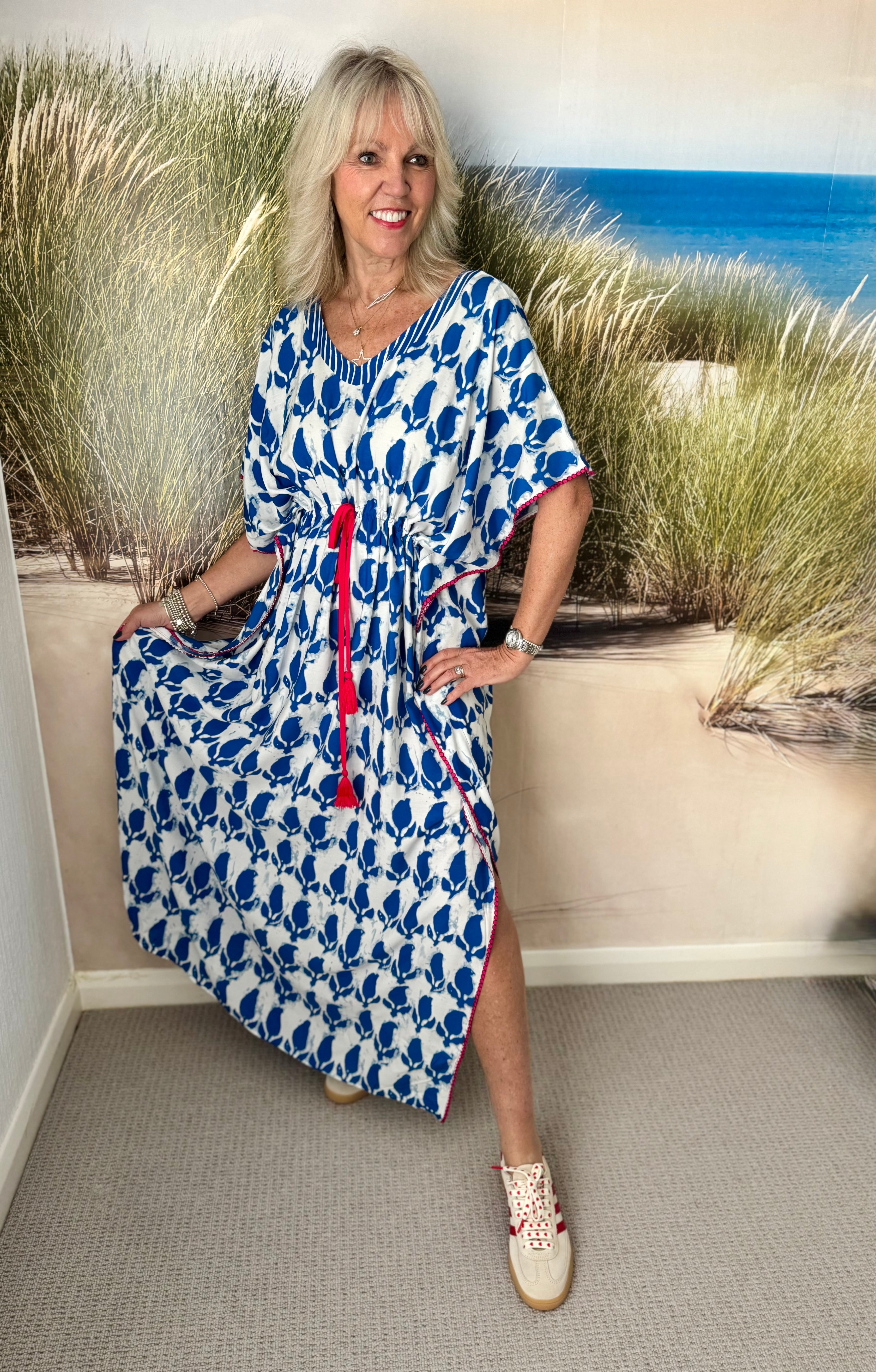 Kaftan Dress in Blue & White