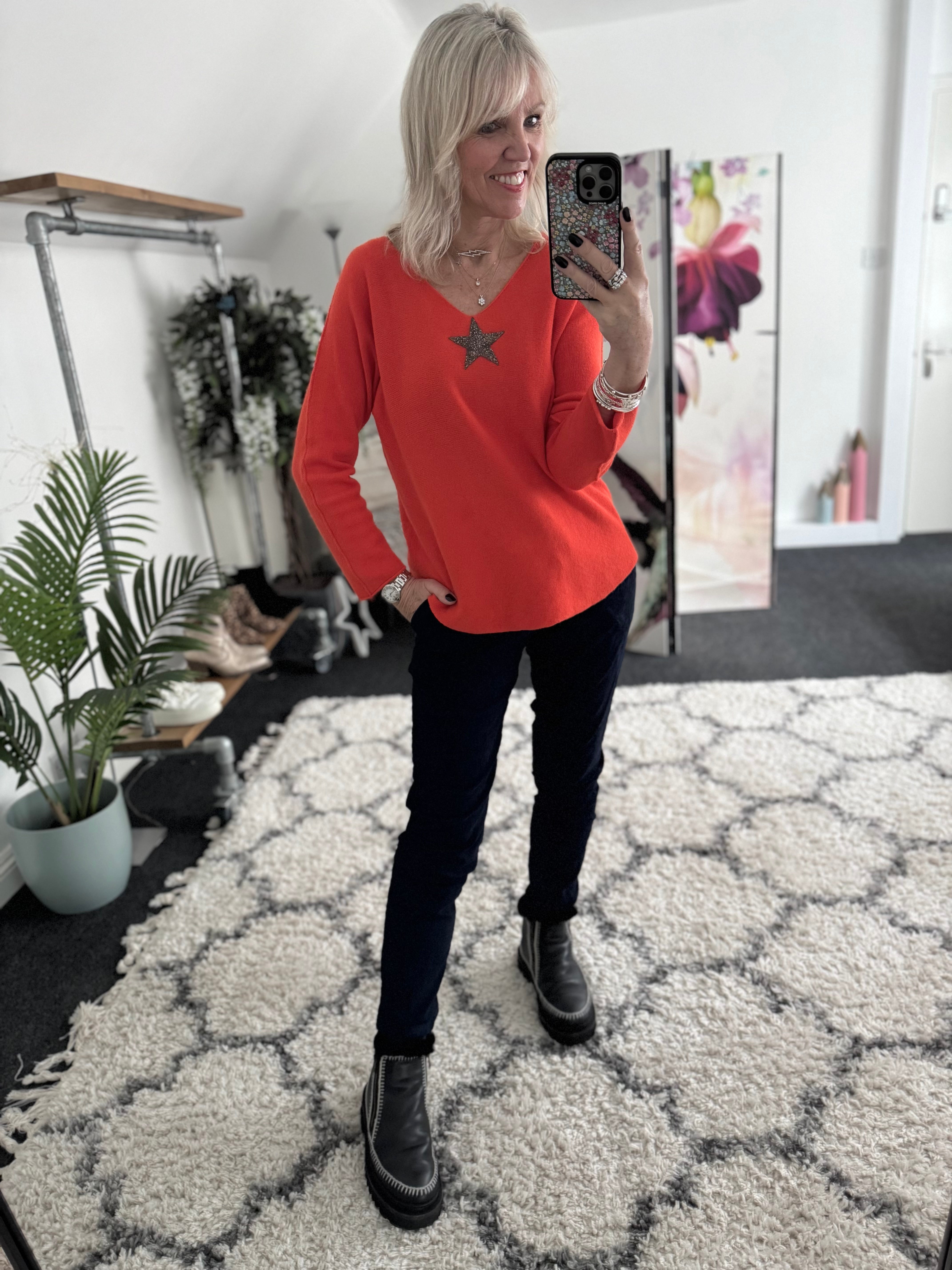 V Neck Glitter Star Jumper in Orange