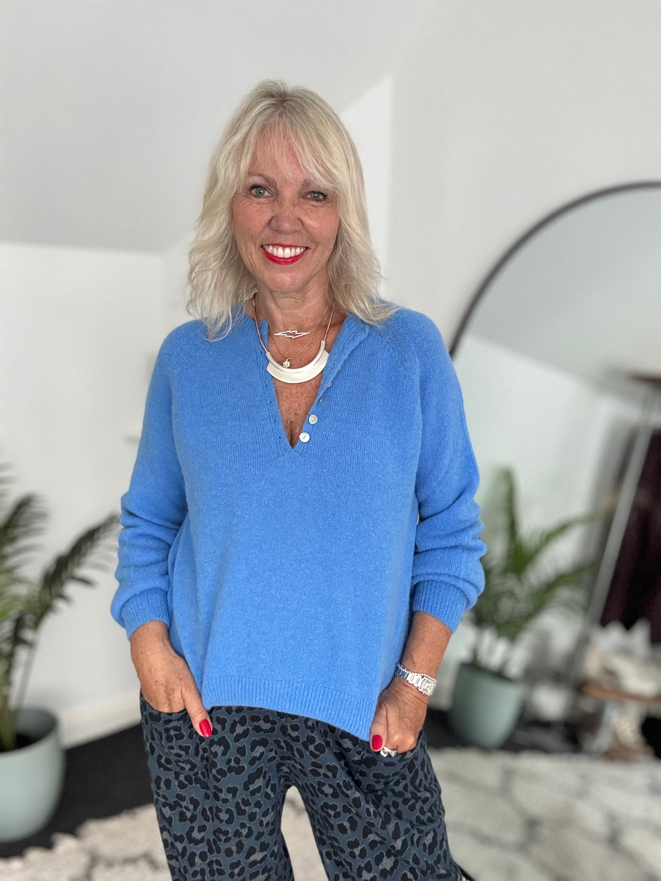 Softie Jumper with Button Neck in Cornflower