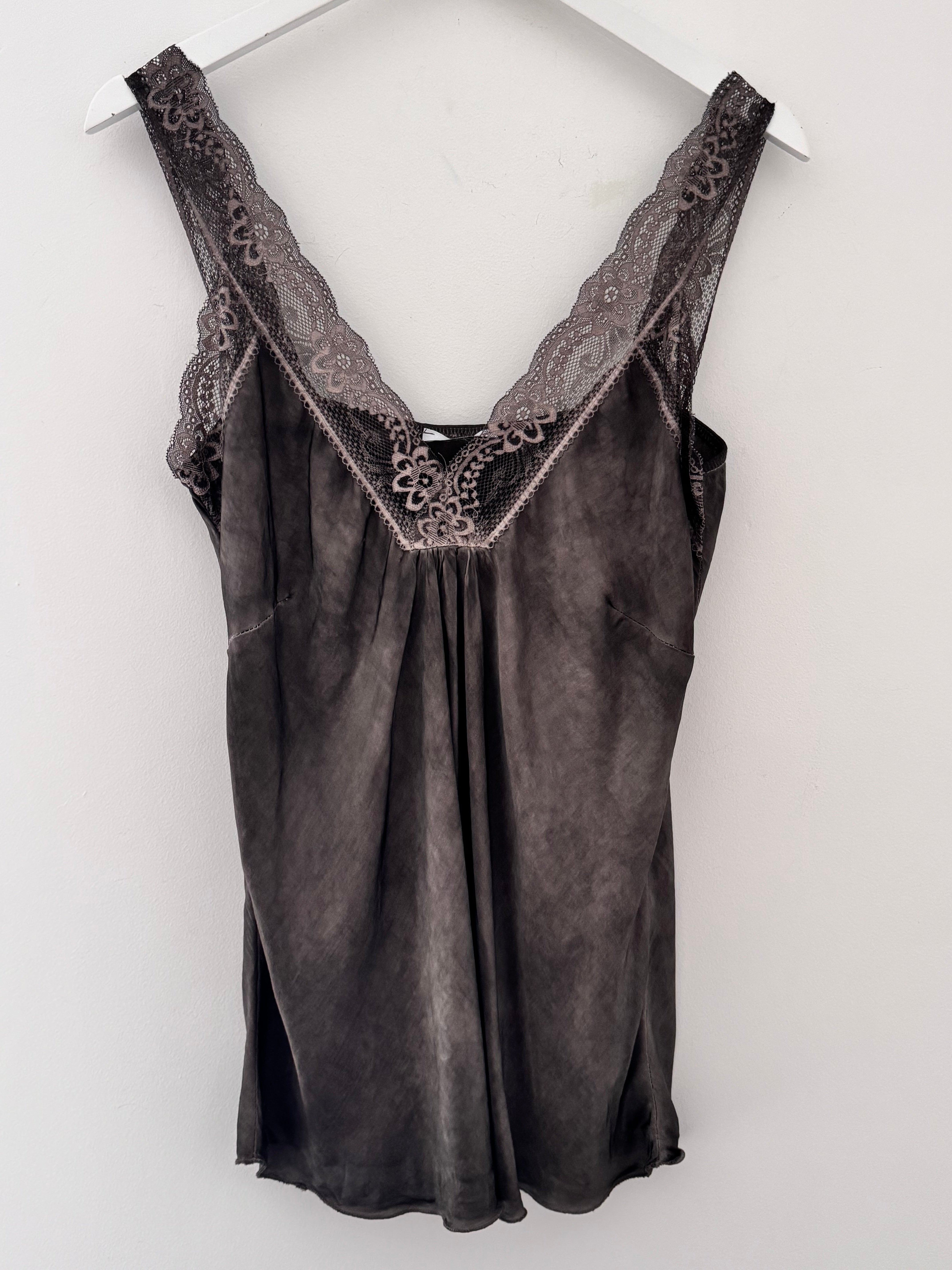 Lace Trim Silk Cami in Chocolate