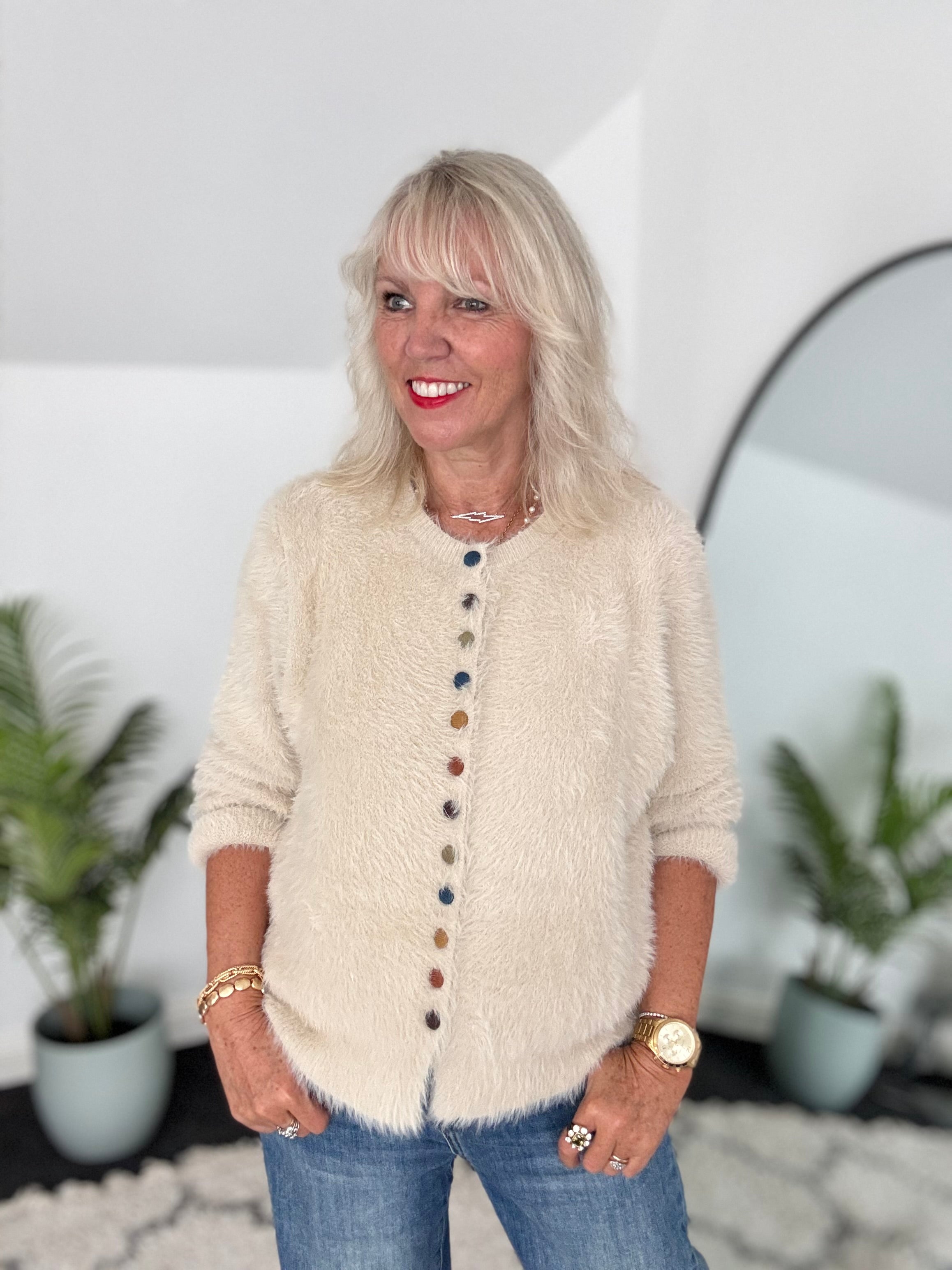 Fluffy Cardi with Multicolour Buttons in Ecru