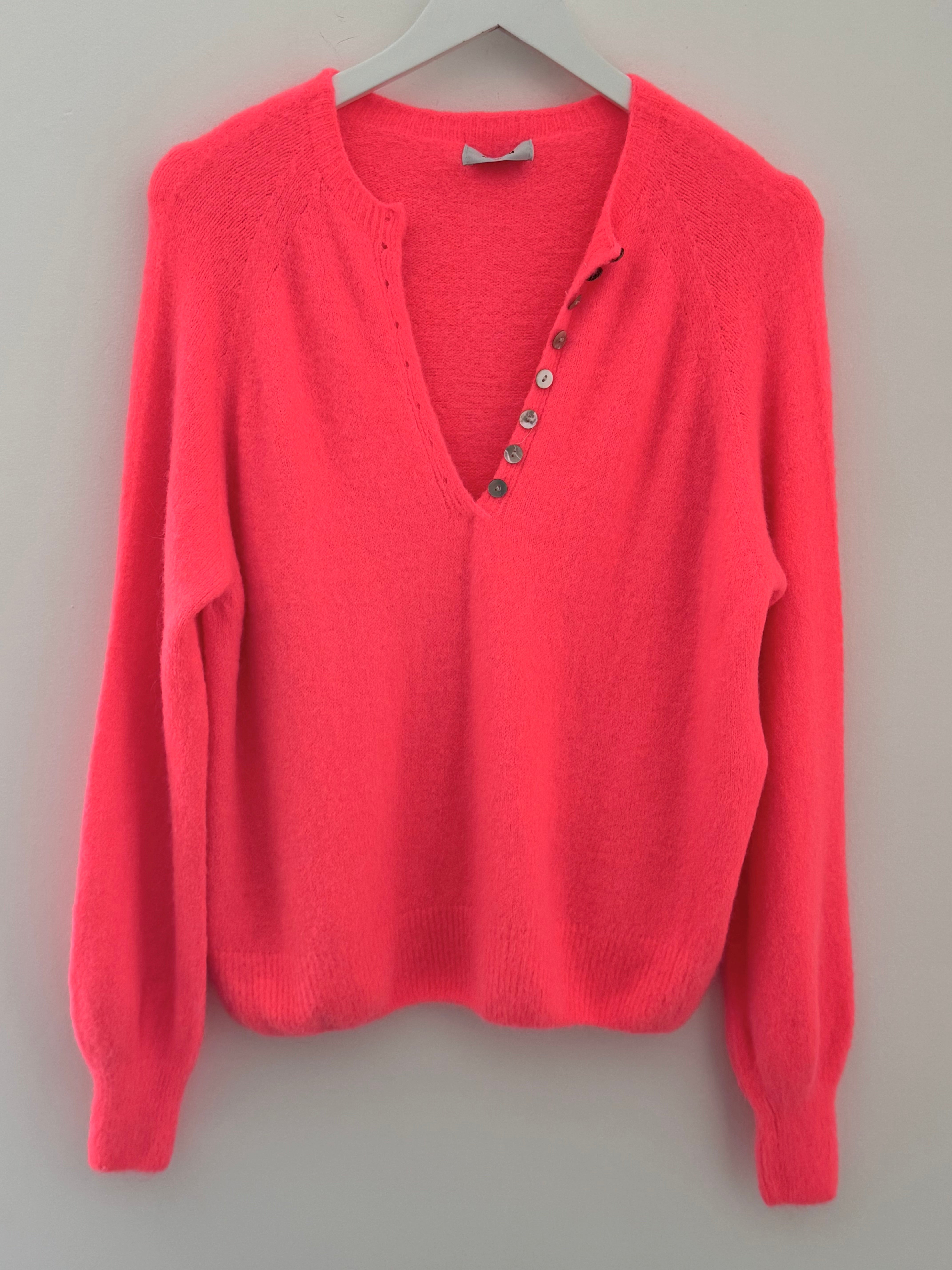Softie Jumper with Button Neck in Neon Coral