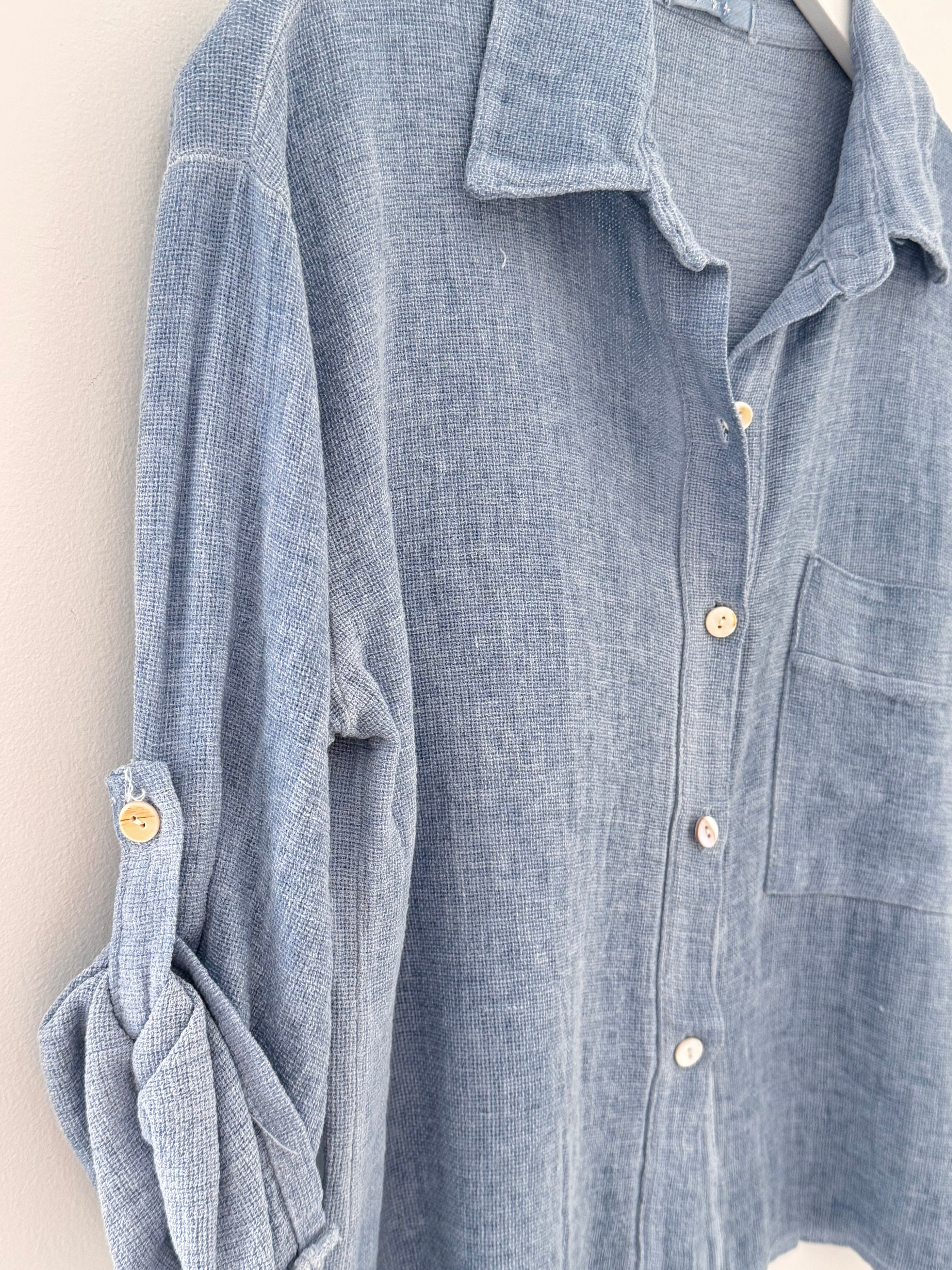 Linen & Cotton Pocket Top in Denim Blue