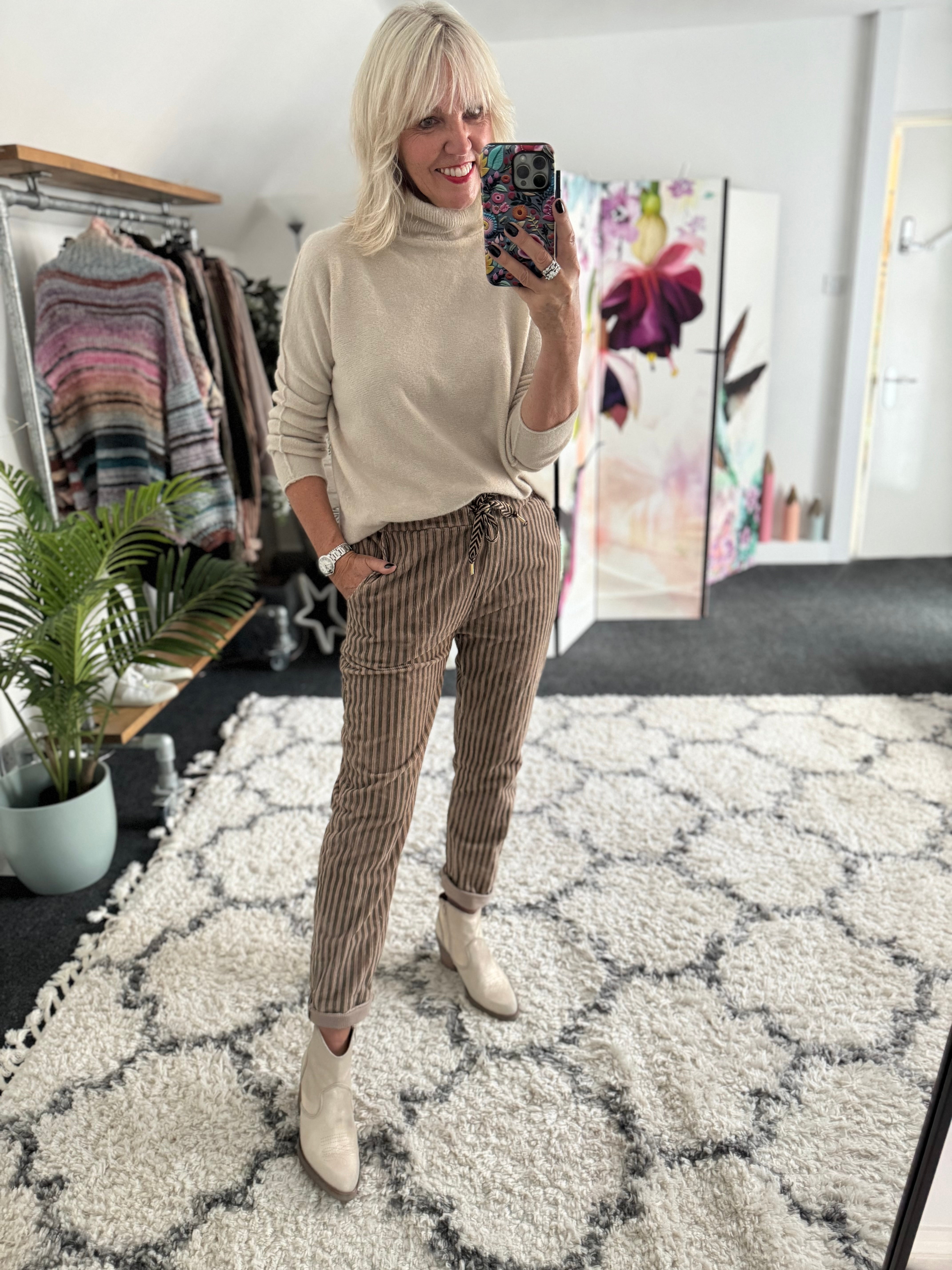 Chenille Cord Joggers in Mocha & Khaki Stripe