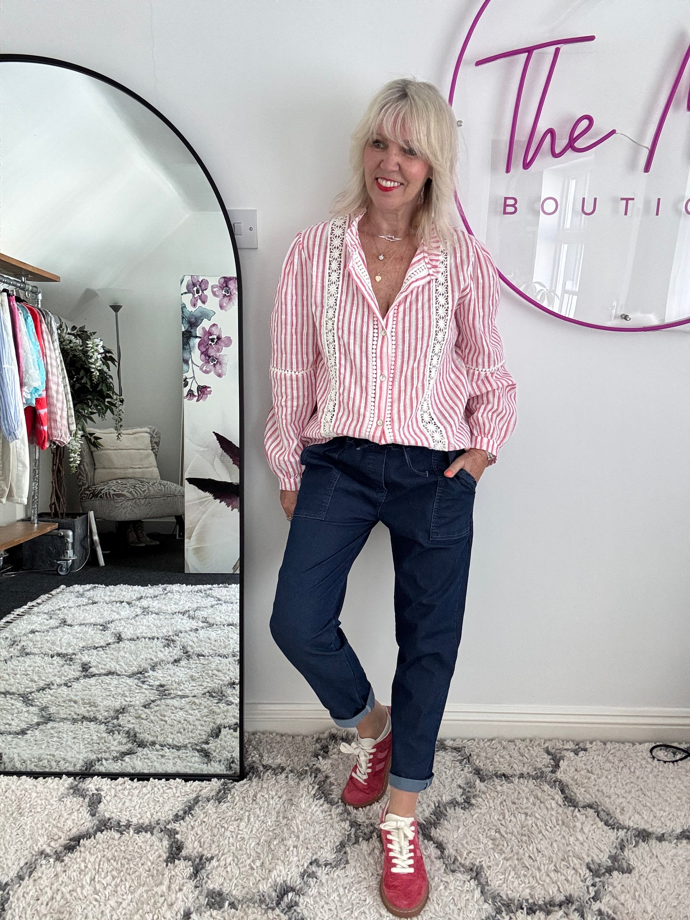 Cotton & Lace Shirt in Coral Pink & White