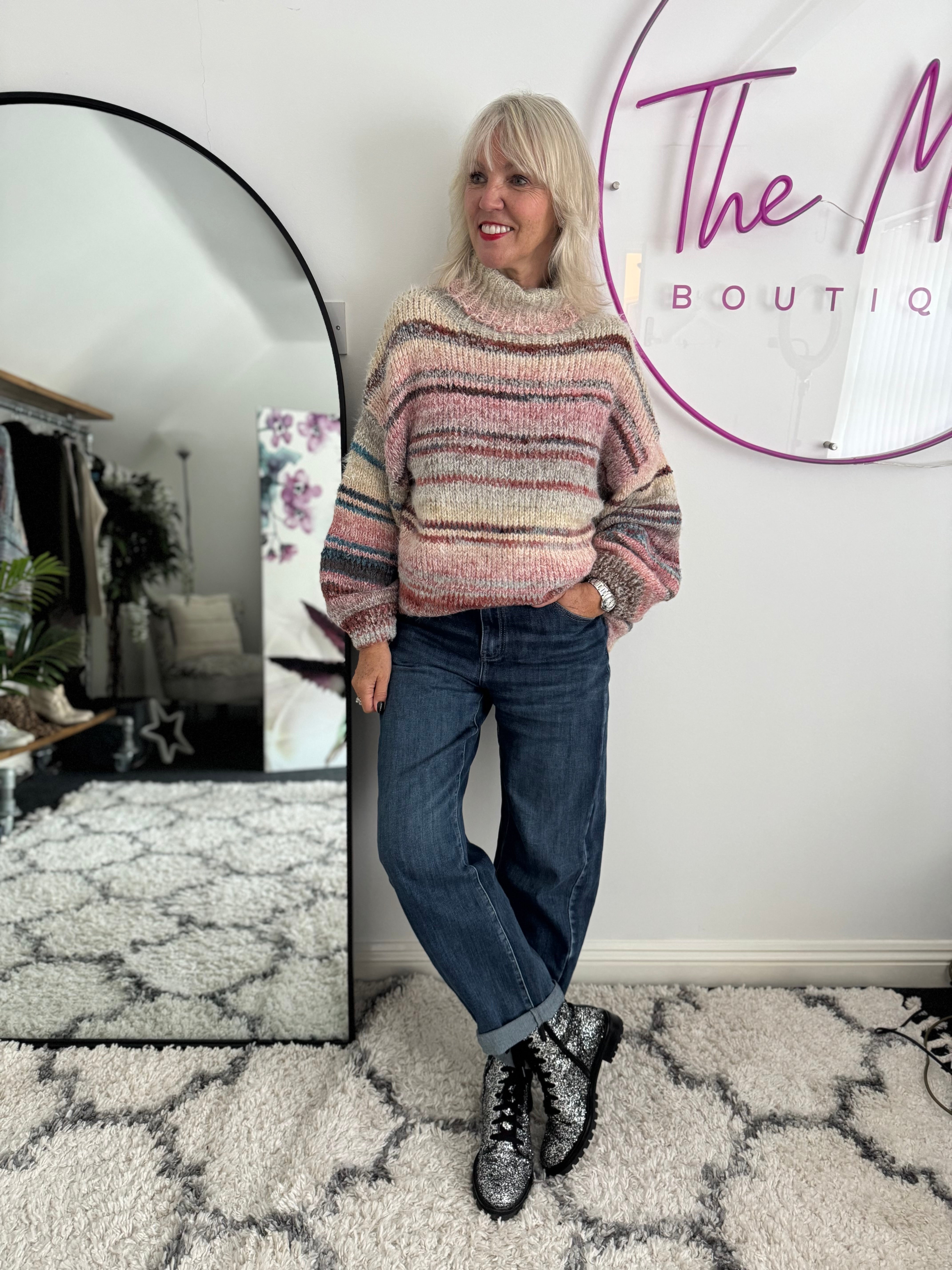 Oversized Stripe Roll Neck Jumper in Pink & Mocha