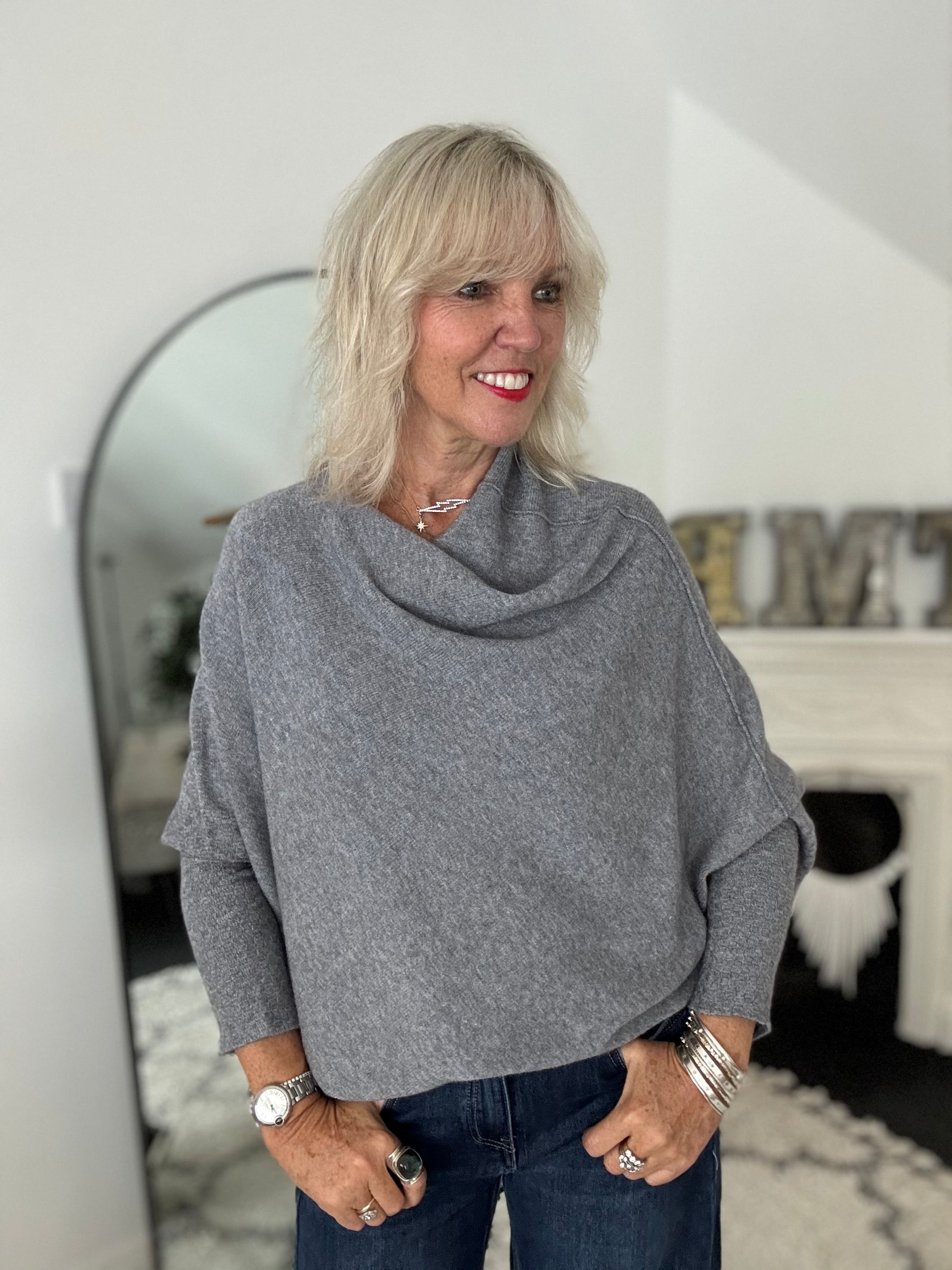 Cowl Neck Asymmetric Jumper in Charcoal Grey
