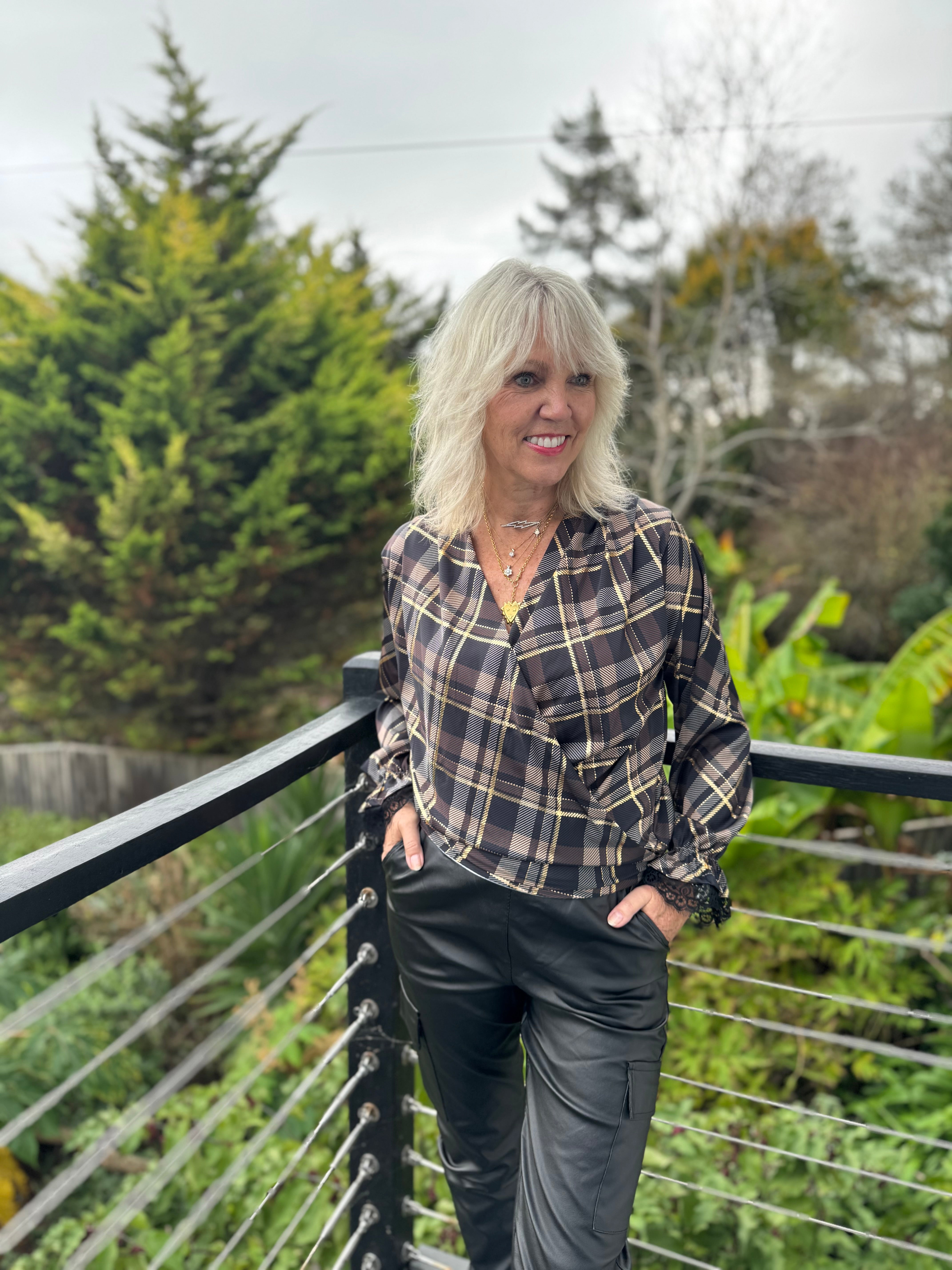 Silky Check Blouse in Chocolate & Black