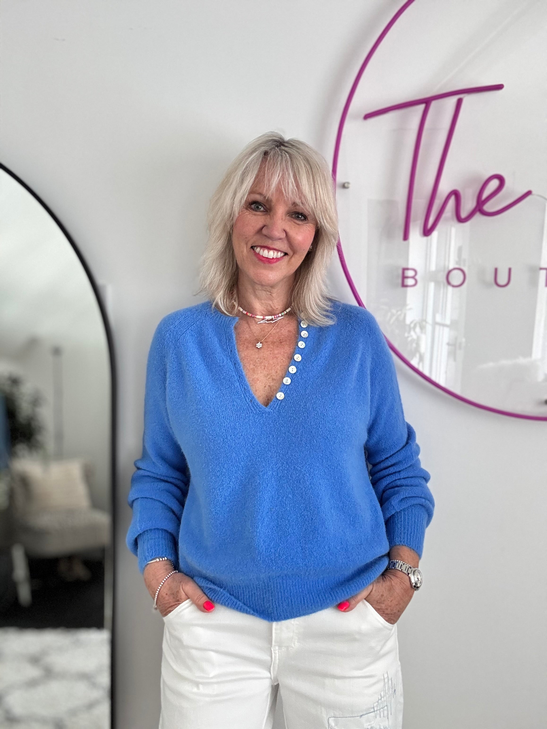 Softie Jumper with Button Neck in Cornflower