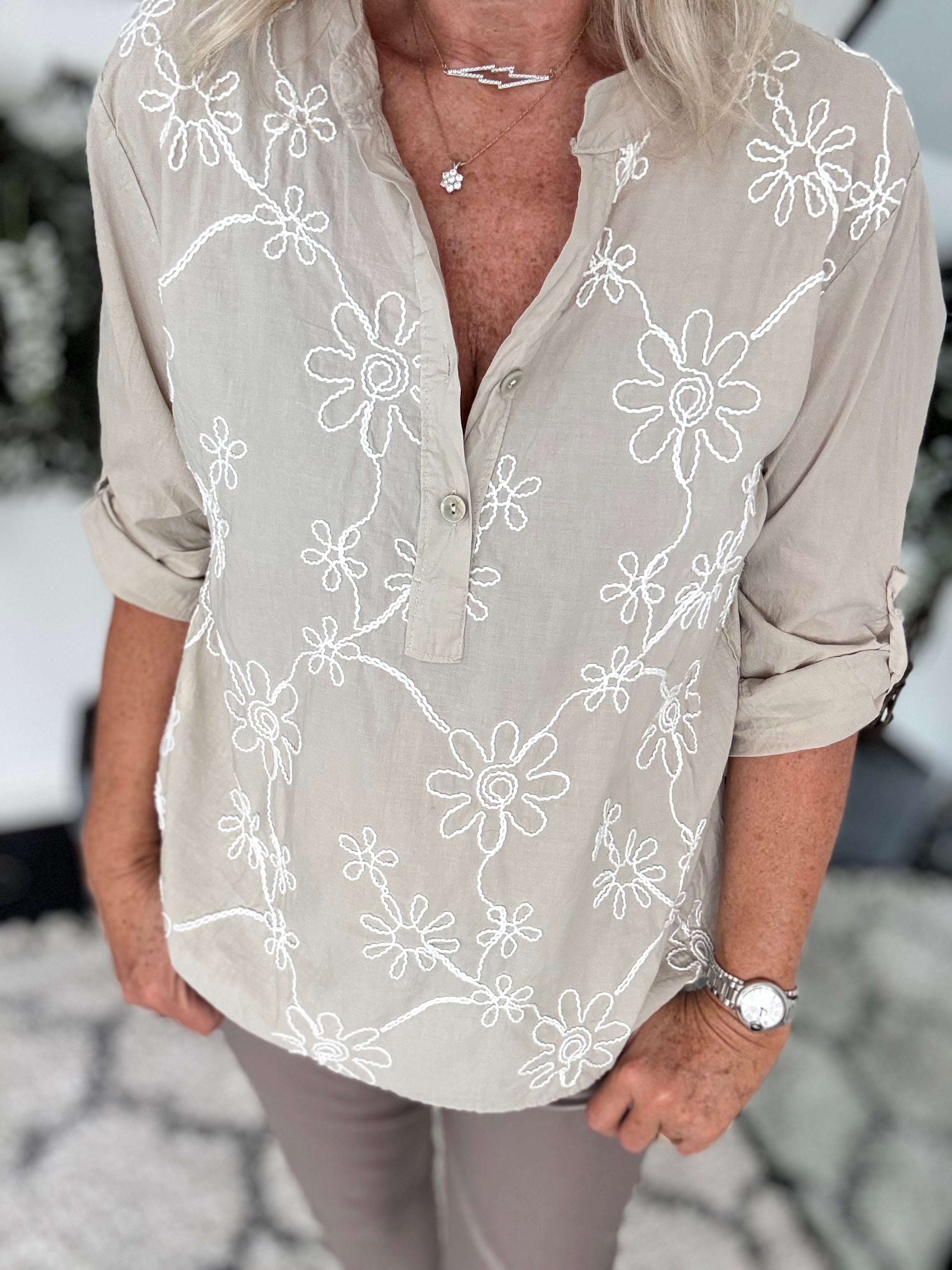 Embroidered Buttoned Top in Stone