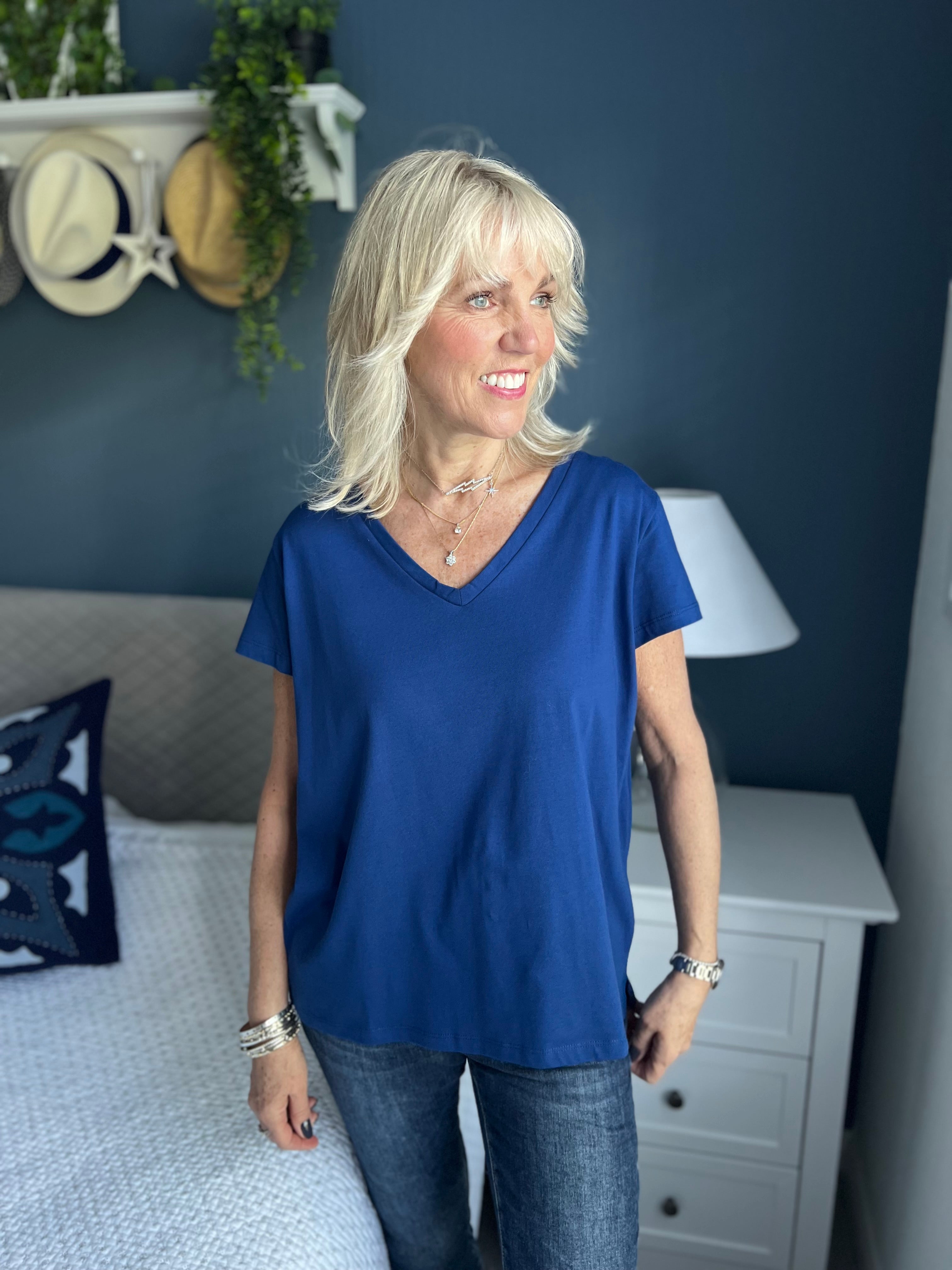 Cotton V Neck Tee in Sea Blue