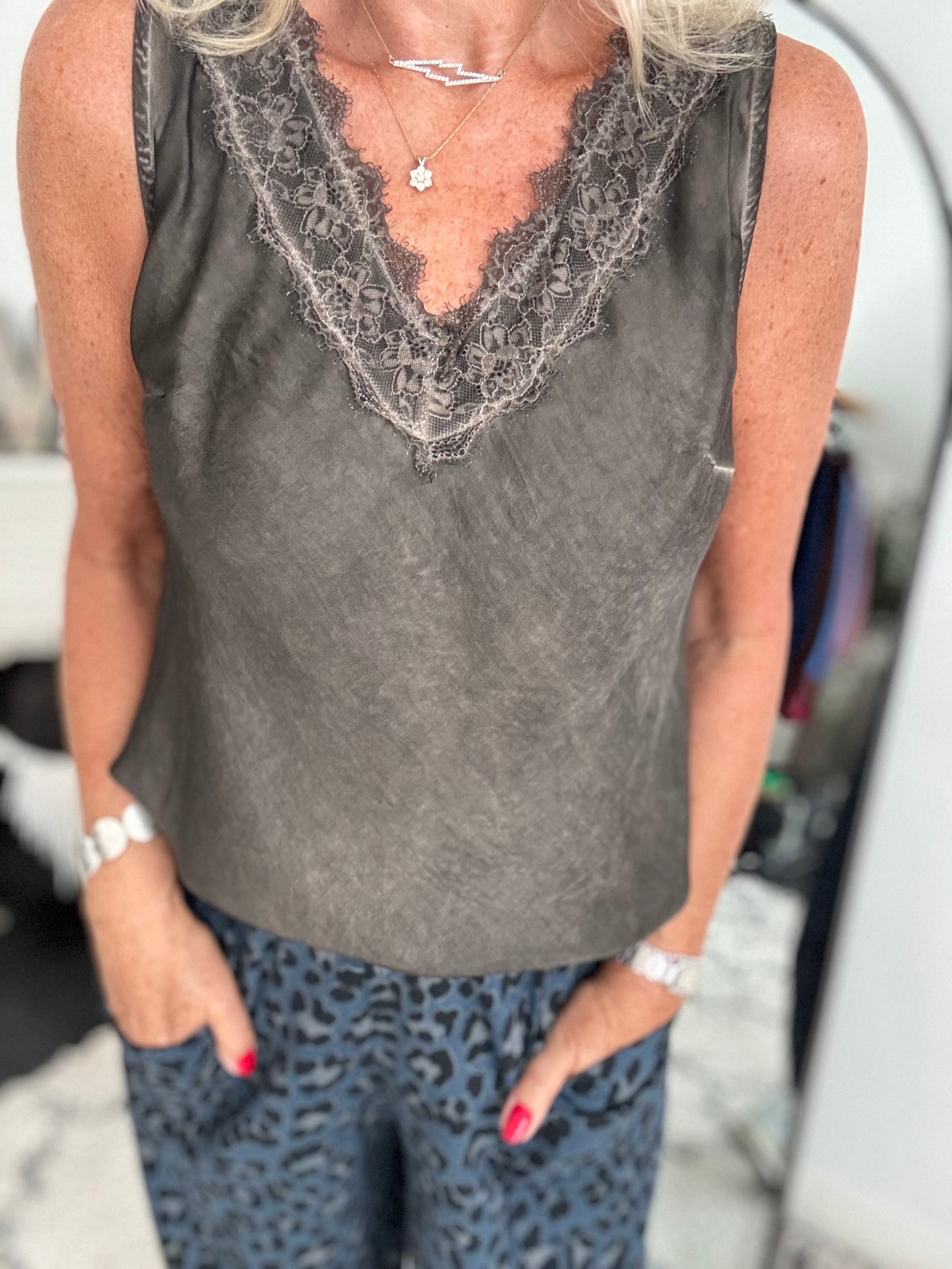 Lace Trim Silk Top in Cocoa