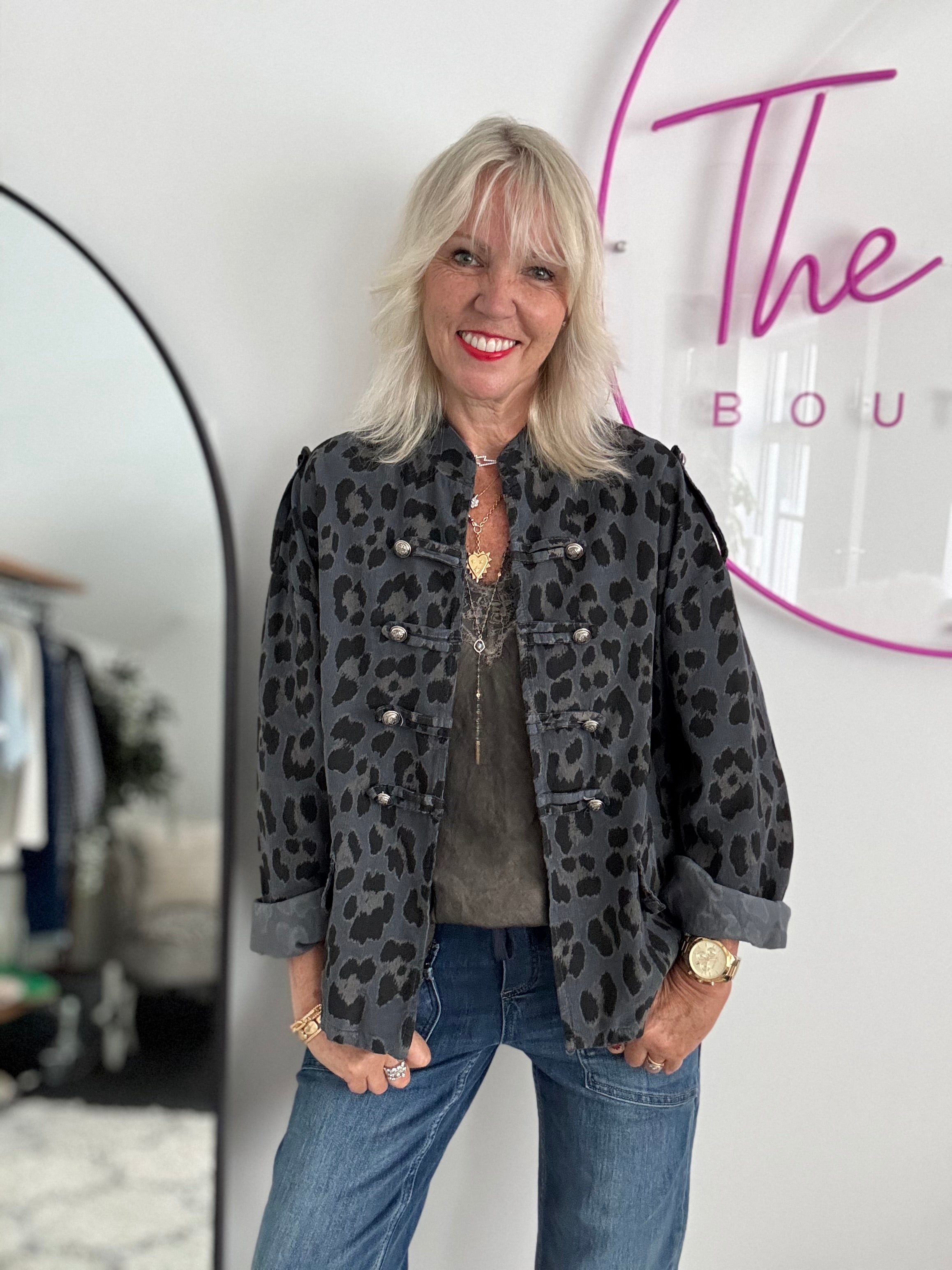 Needlecord Military Jacket in Grey Leopard