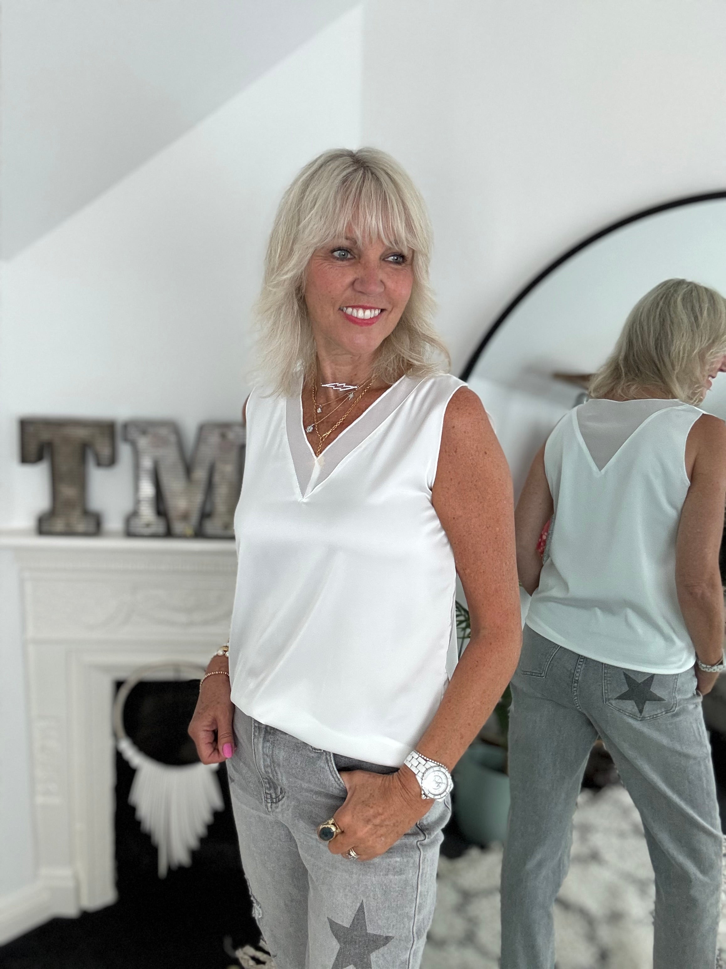 Silky V Neck Vest in Ivory