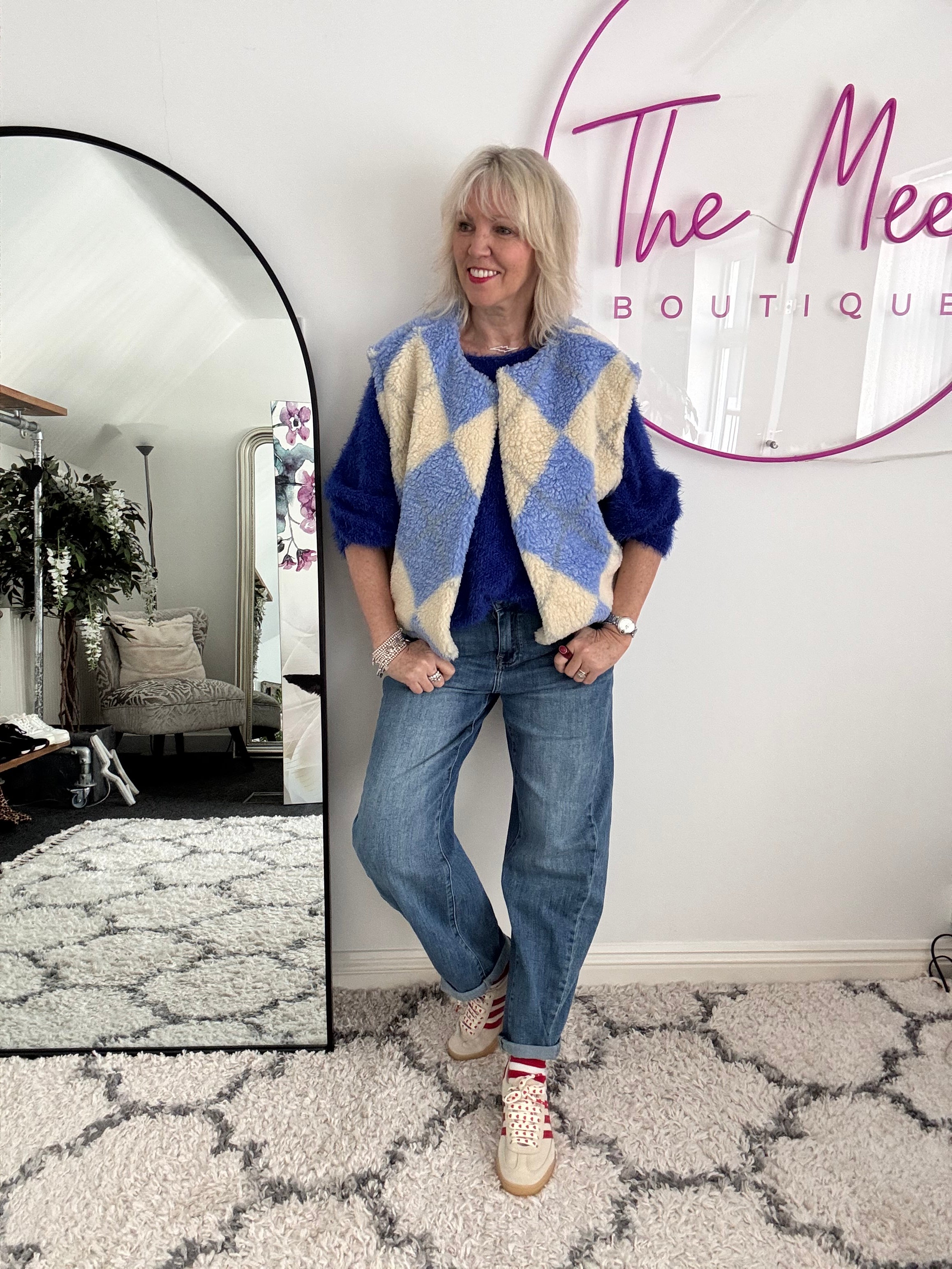 Check Teddy Gilet in Blue & Vanilla
