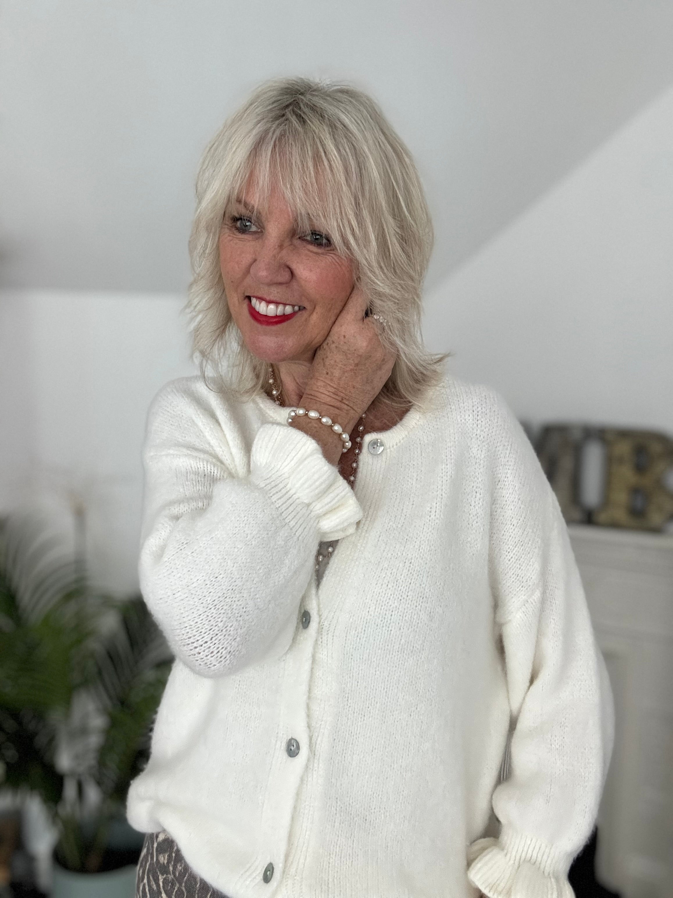 Alpaca Cardi with Frill Cuffs in Winter White