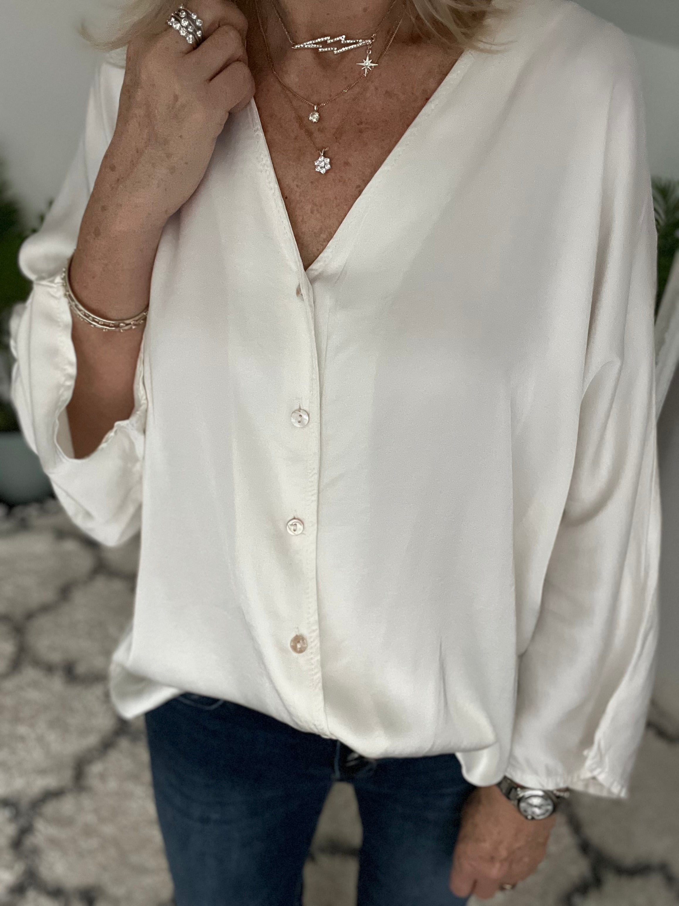 Silky Button Front Blouse in Ivory