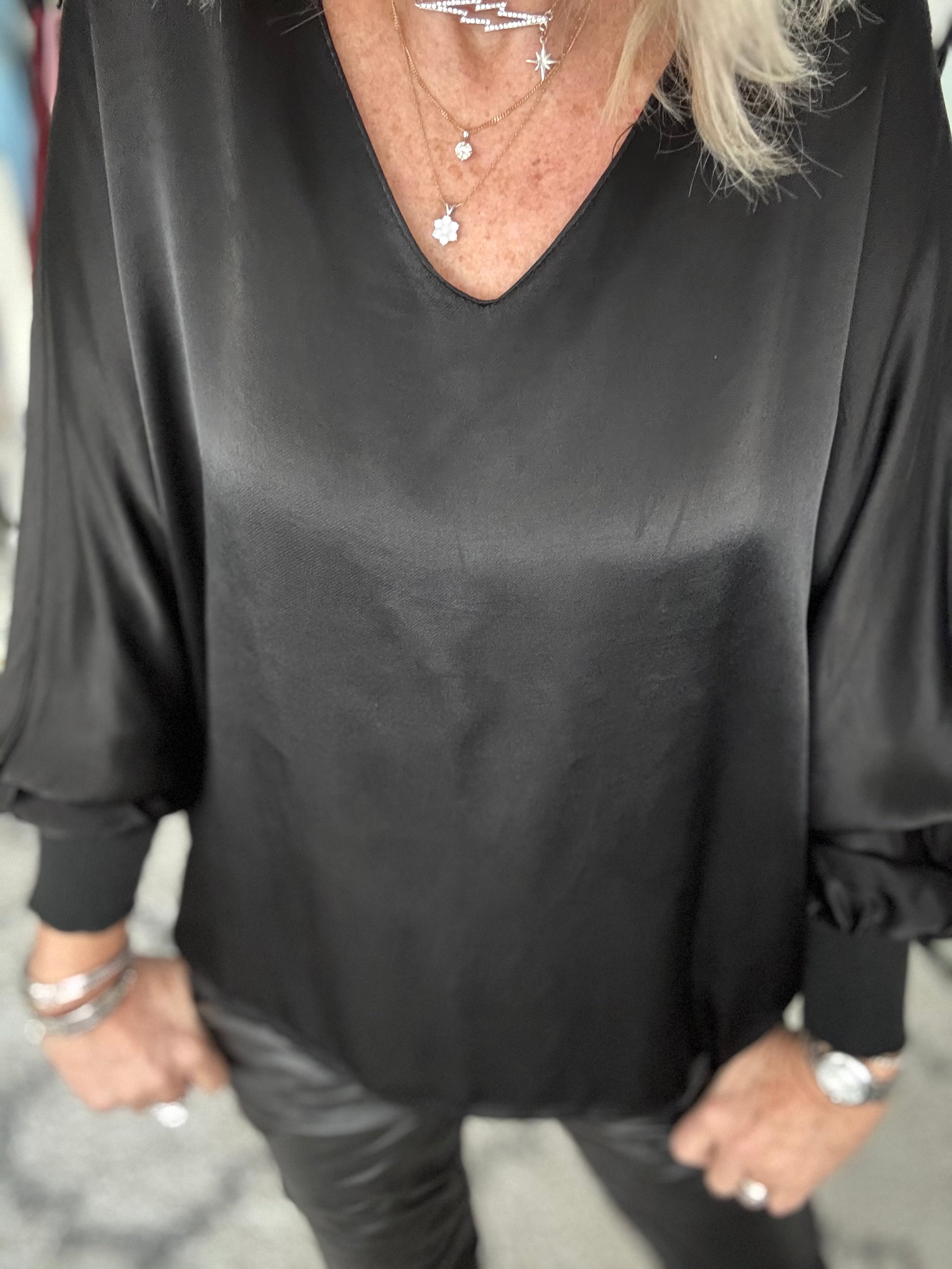 Silky V Neck Blouse in Black