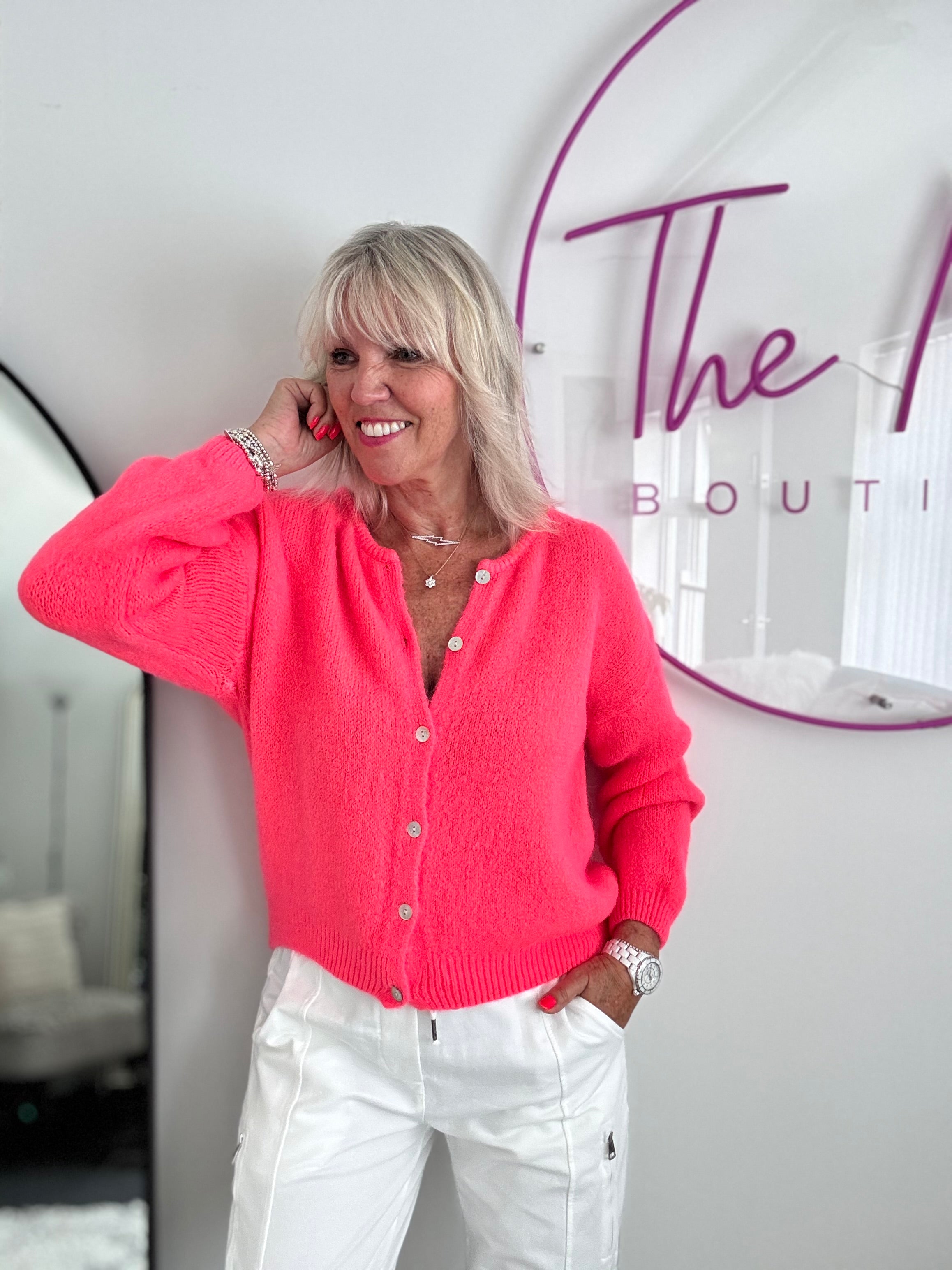 Alpaca Buttoned Cardi in Neon Coral
