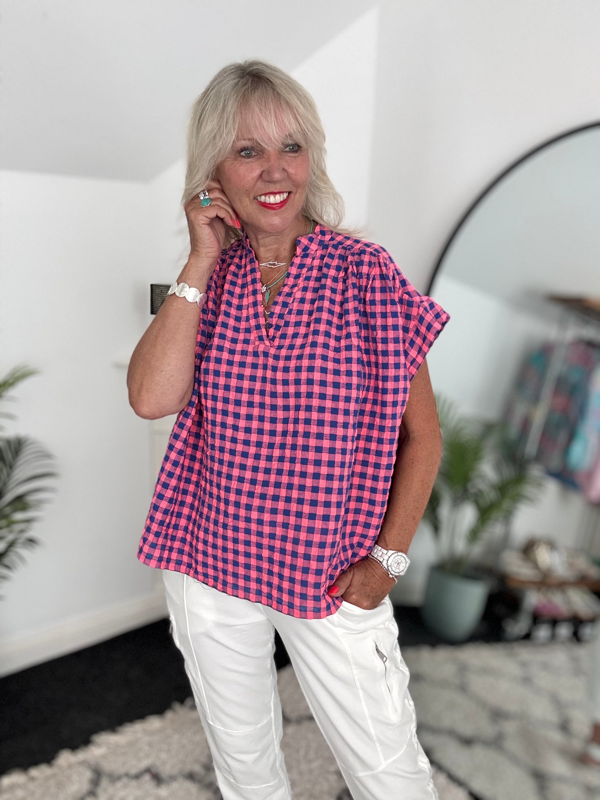Check Top in Pink & Blue