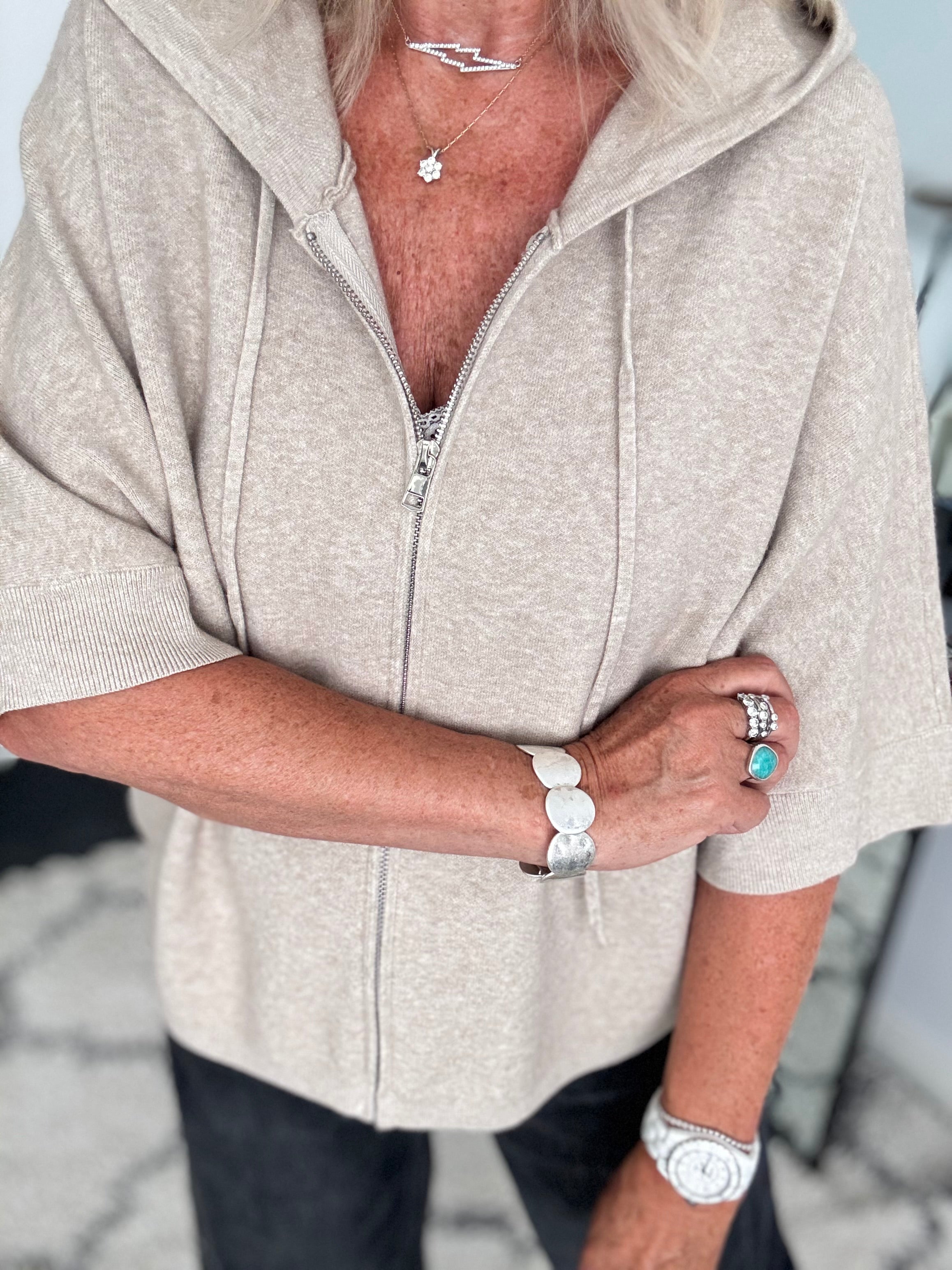 Soft Hooded Zipped Knit in Stone