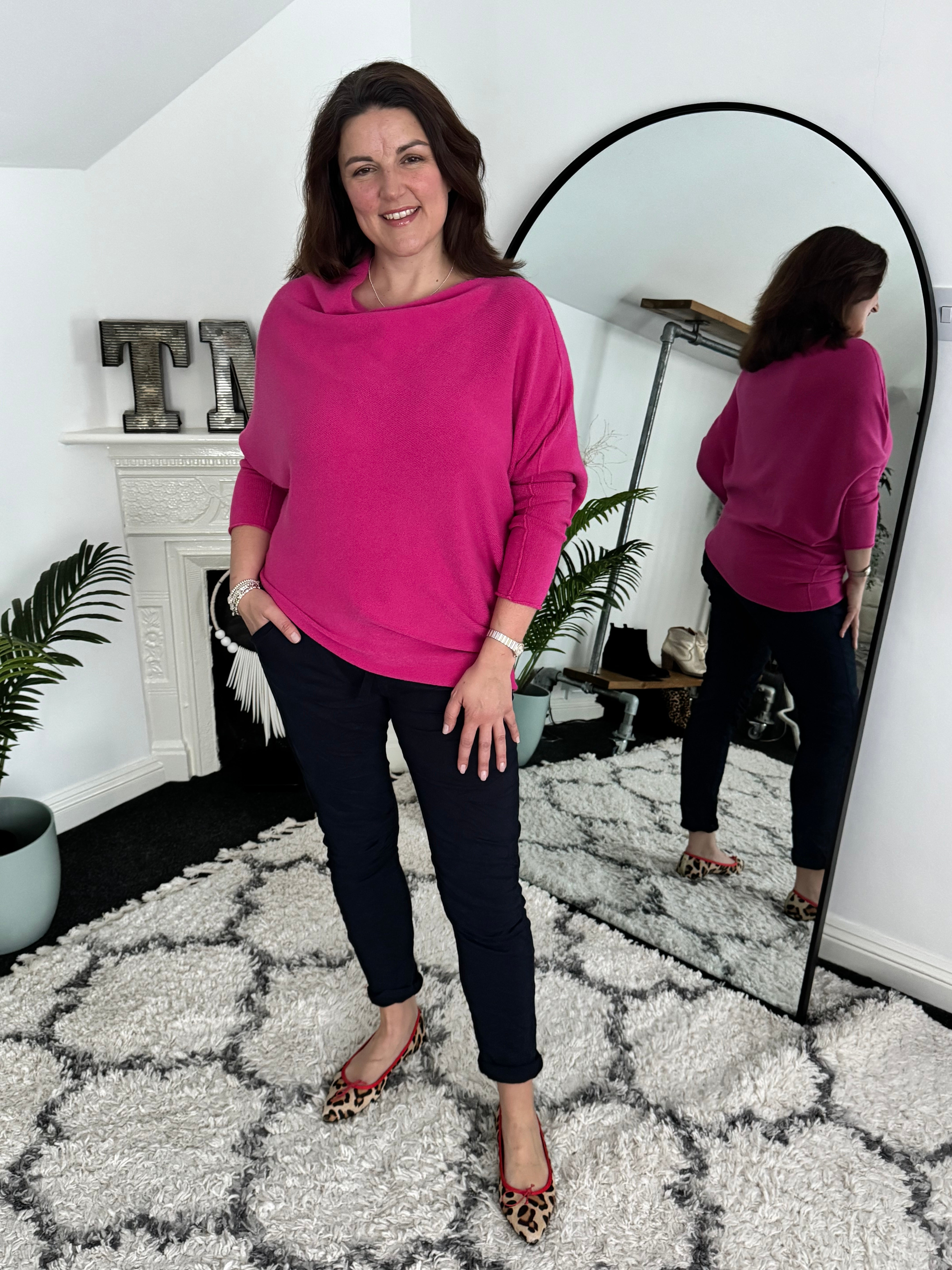 Cowl Neck Asymmetric Jumper in Fuchsia